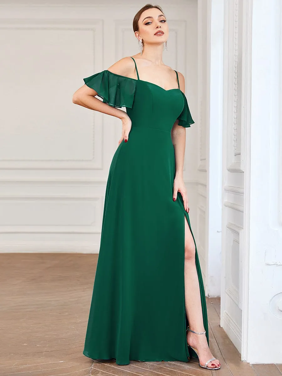 Stylish Cold Shoulder Flare Sleeves Flowy Bridesmaid Dress