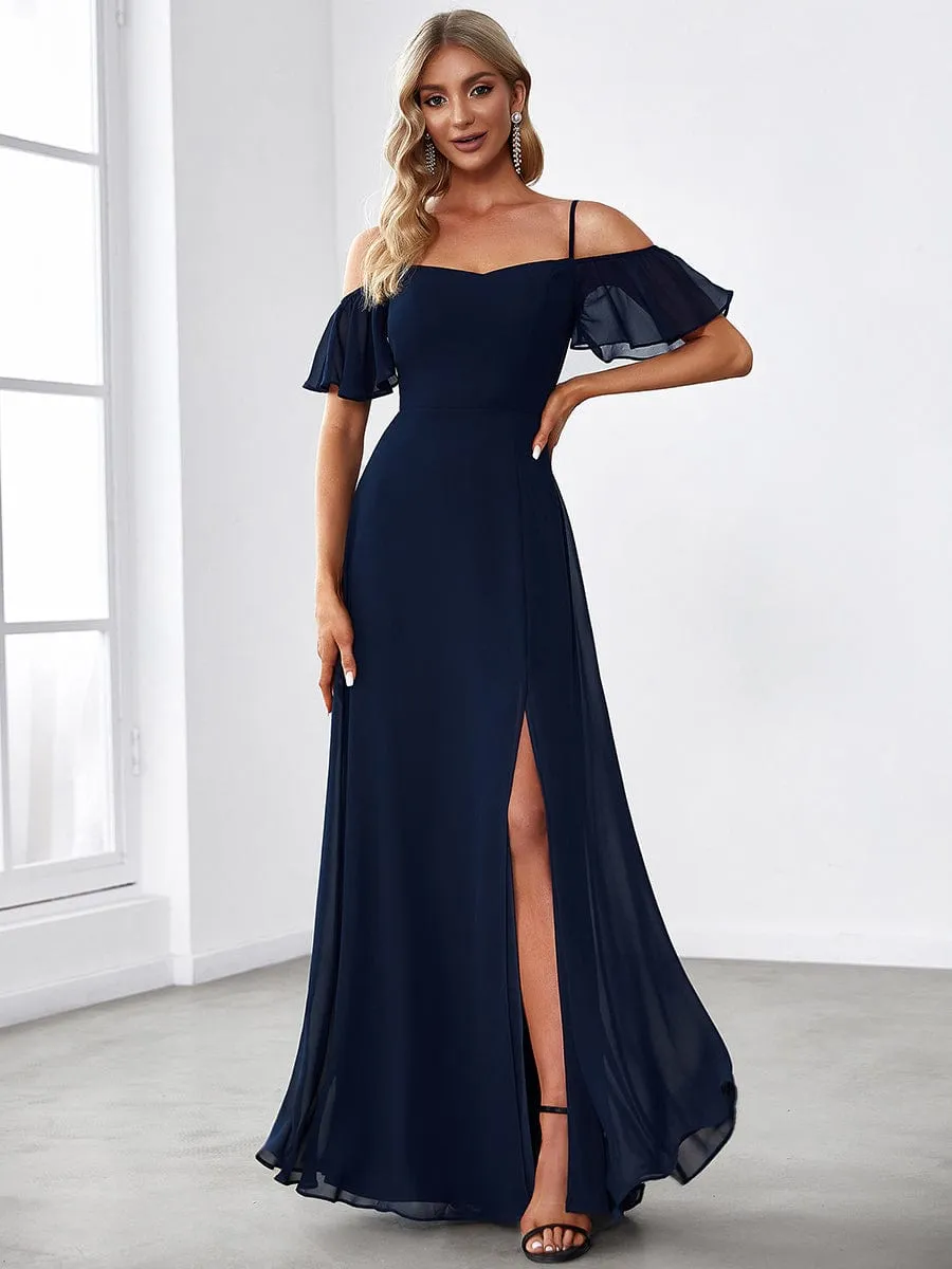 Stylish Cold Shoulder Flare Sleeves Flowy Bridesmaid Dress