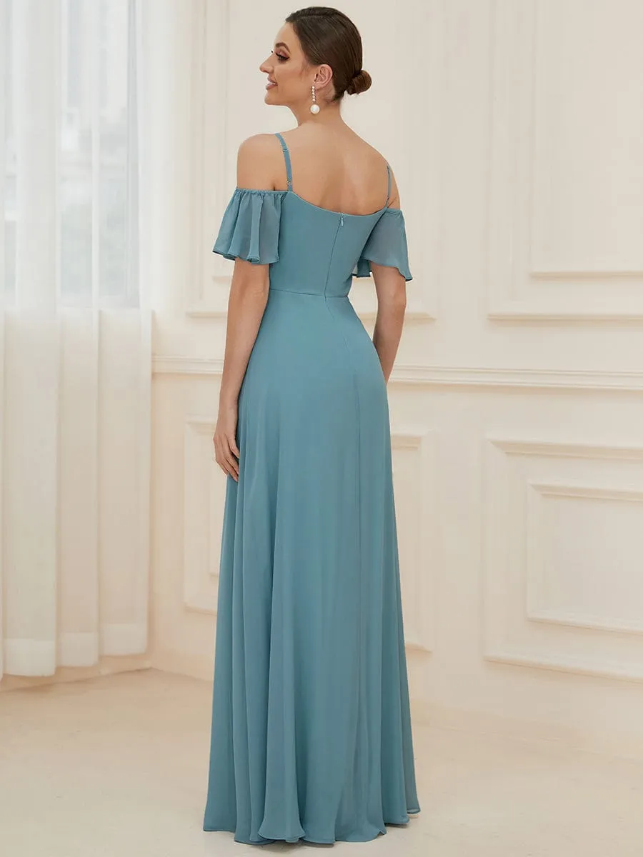 Stylish Cold Shoulder Flare Sleeves Flowy Bridesmaid Dress