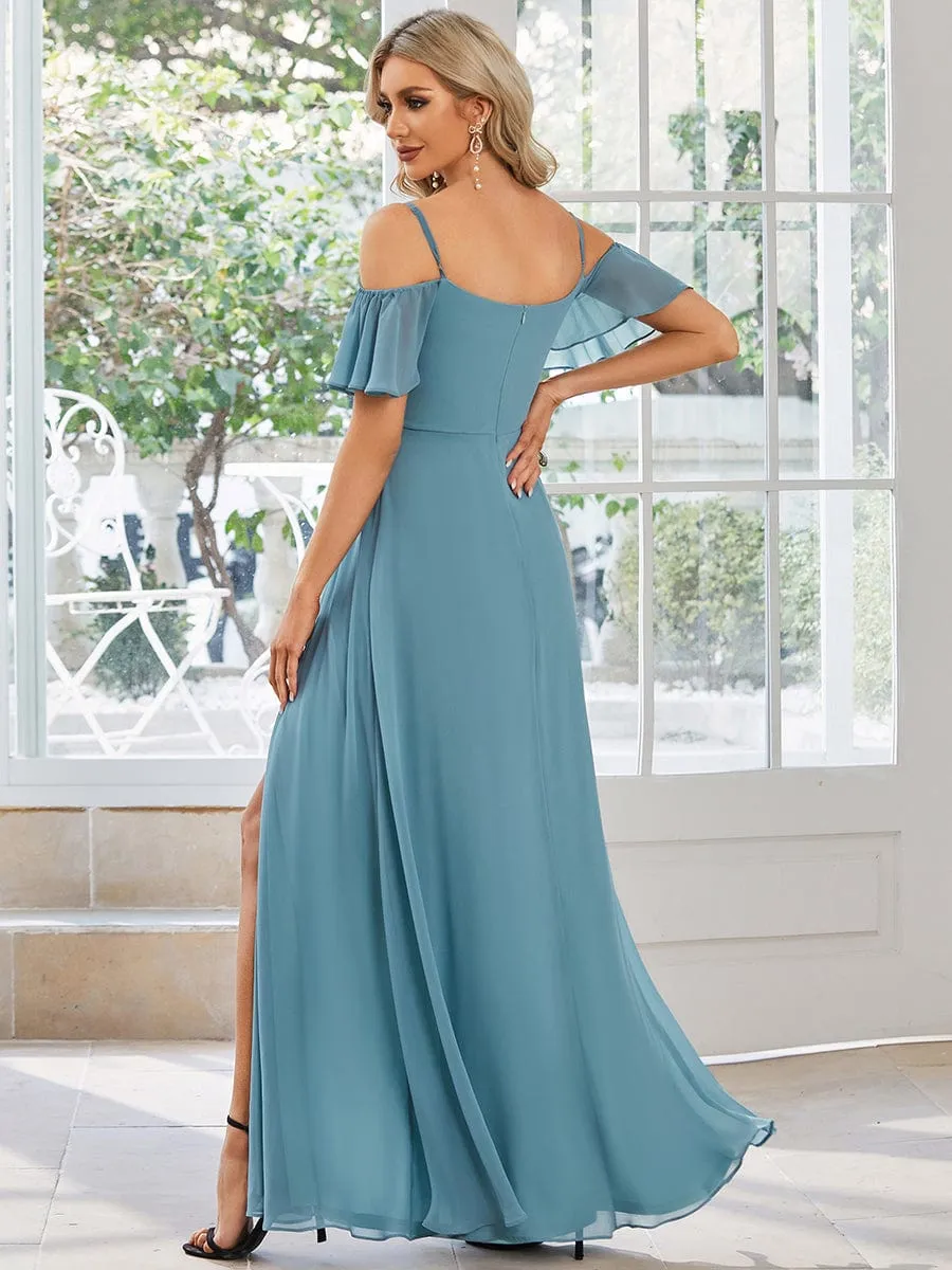 Stylish Cold Shoulder Flare Sleeves Flowy Bridesmaid Dress