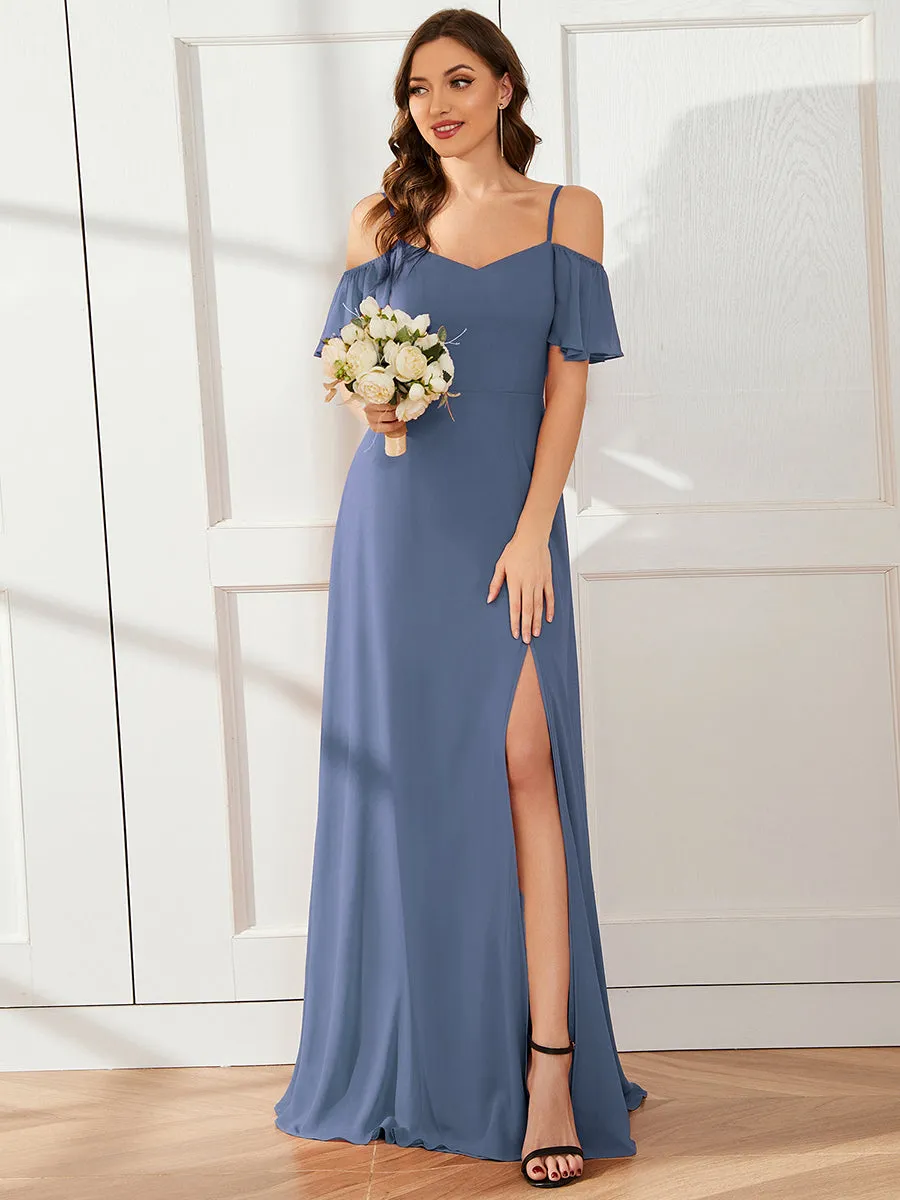 Stylish Cold Shoulder Flare Sleeves Flowy Bridesmaid Dress