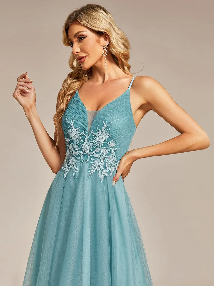 Stylish Floral Embroidered Waist High-Low Prom Dress