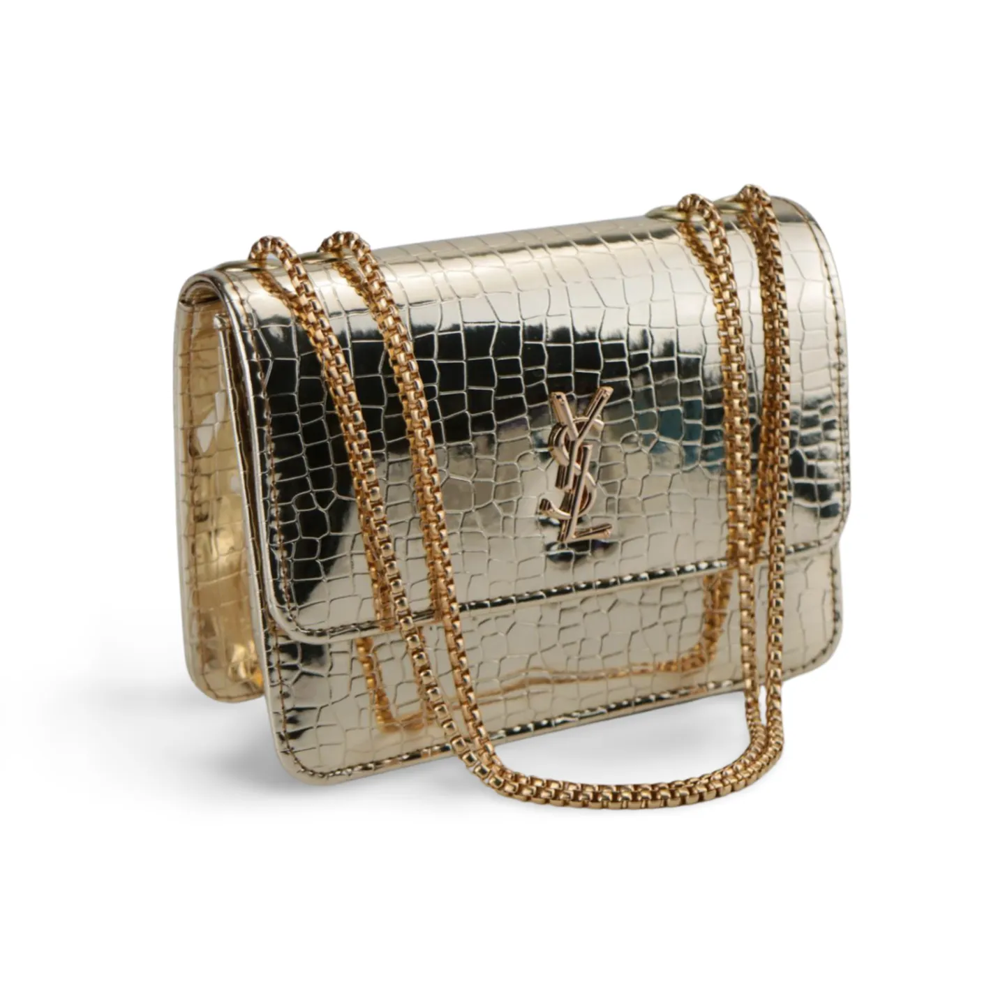 Stylish Metallic Croc Skin Crossbody Purse with Gold Chain