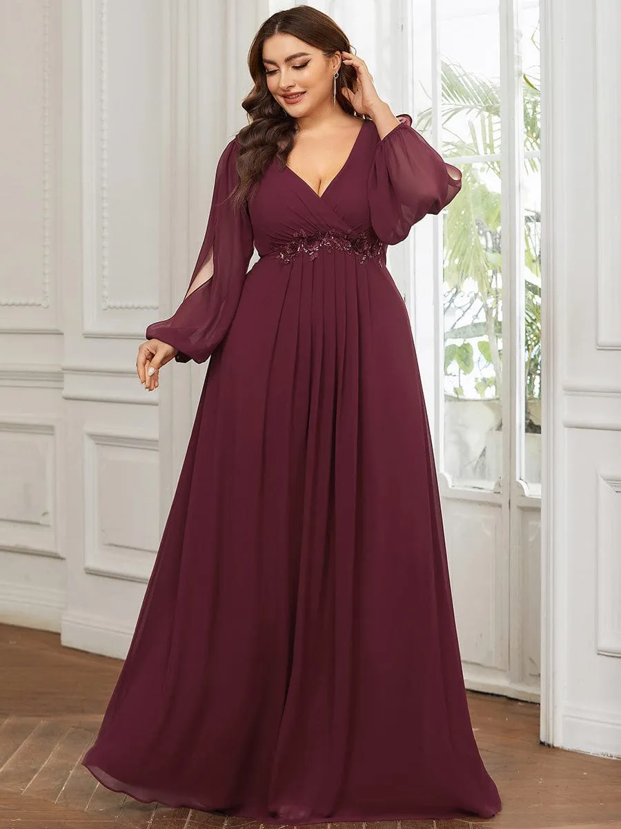 Stylish Plus Size Chiffon Formal Evening Dresses with Long Lantern Sleeves