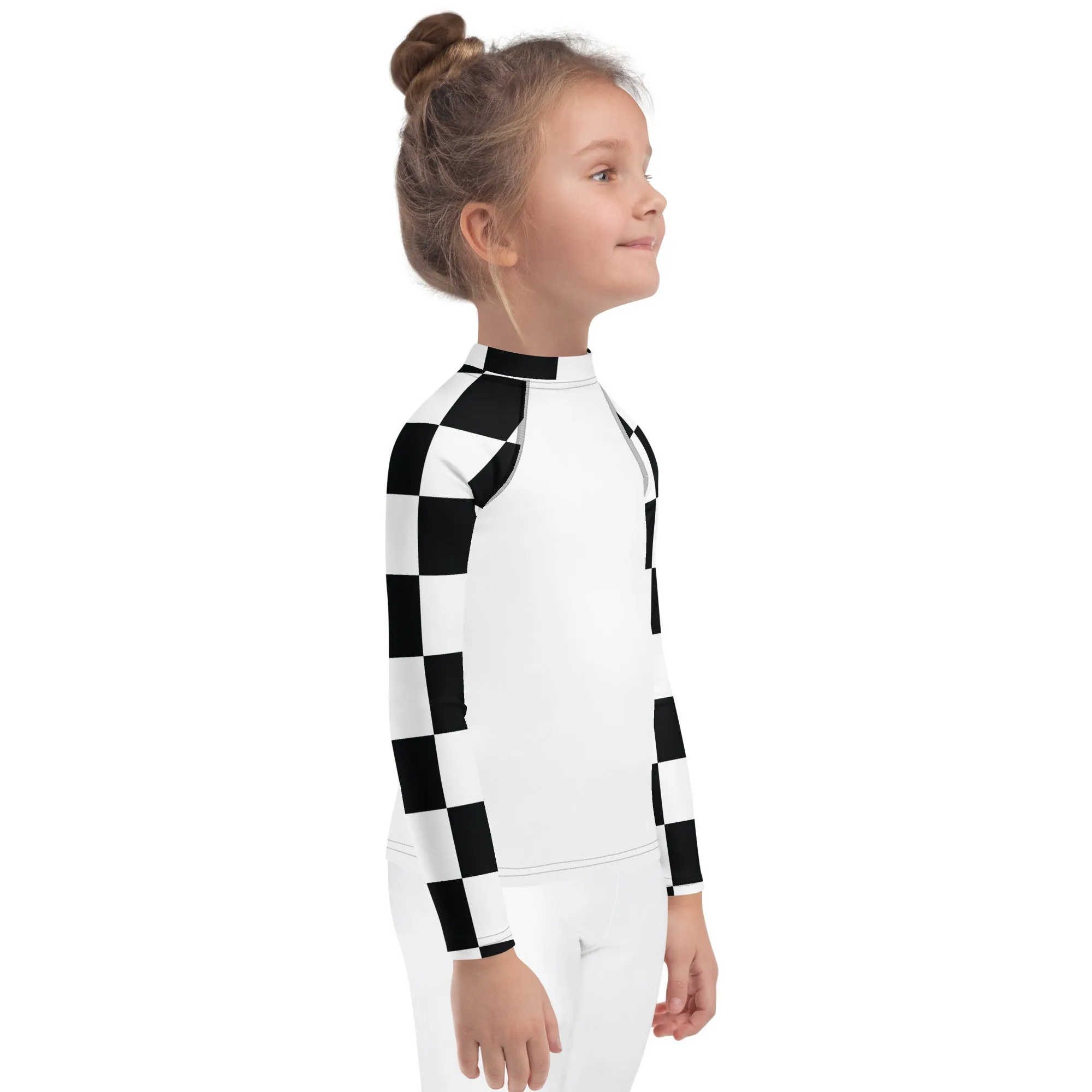 Stylish Safety: Checkered Long Sleeve Rash Guard for Girls - Blanc