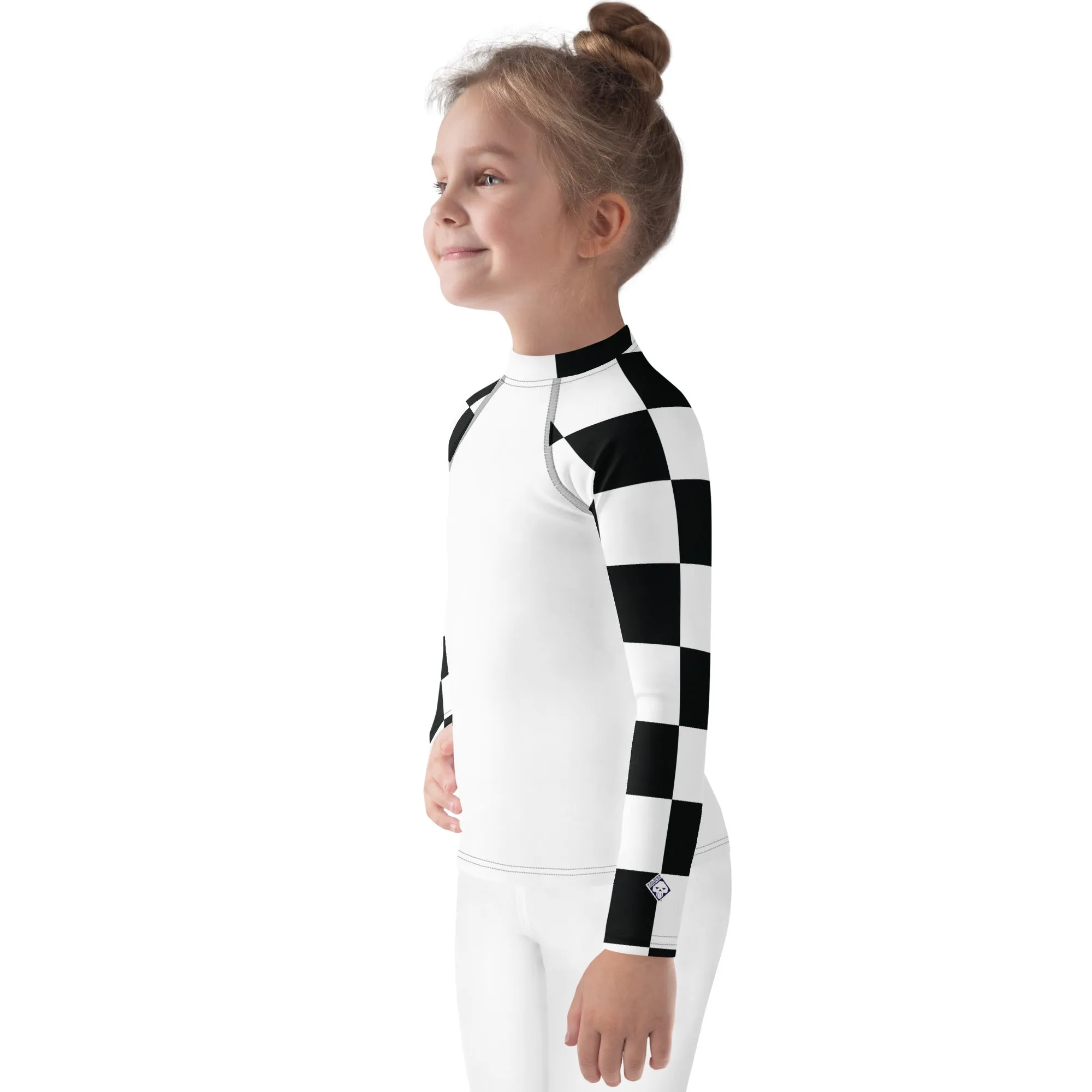 Stylish Safety: Checkered Long Sleeve Rash Guard for Girls - Blanc