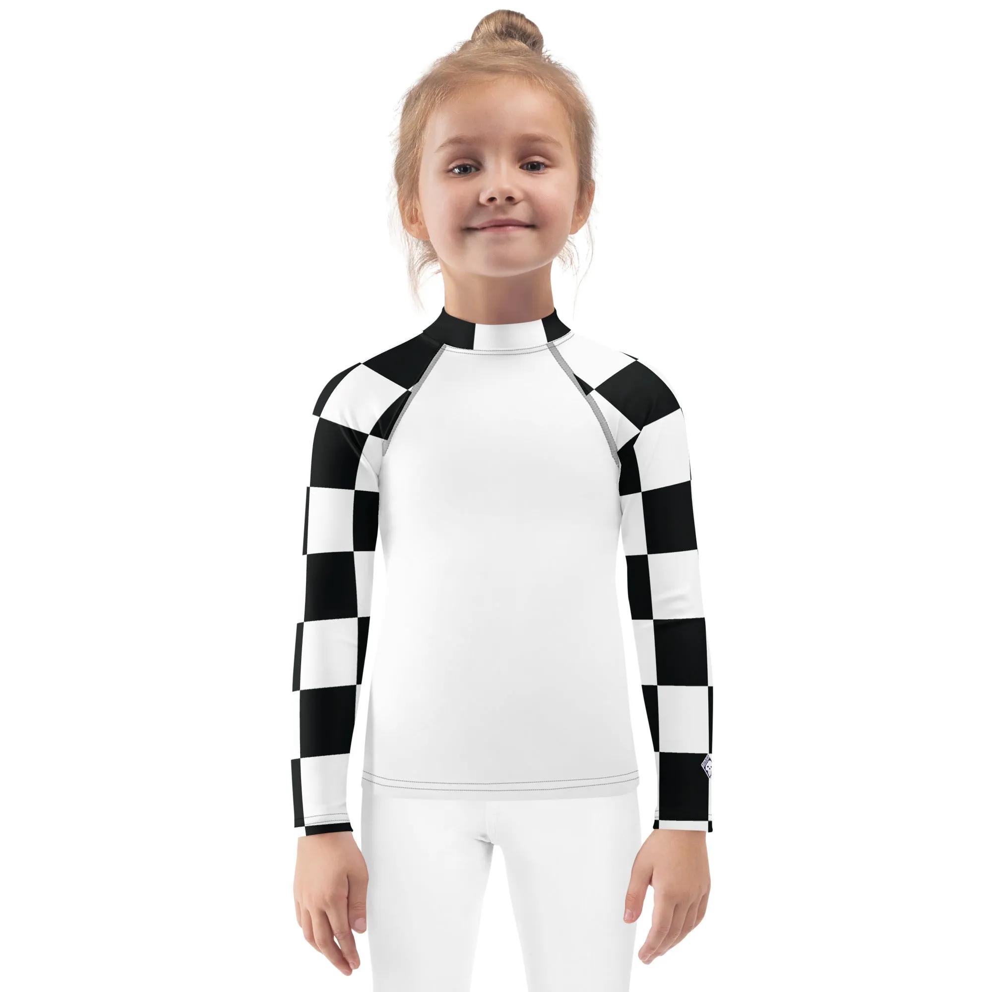 Stylish Safety: Checkered Long Sleeve Rash Guard for Girls - Blanc