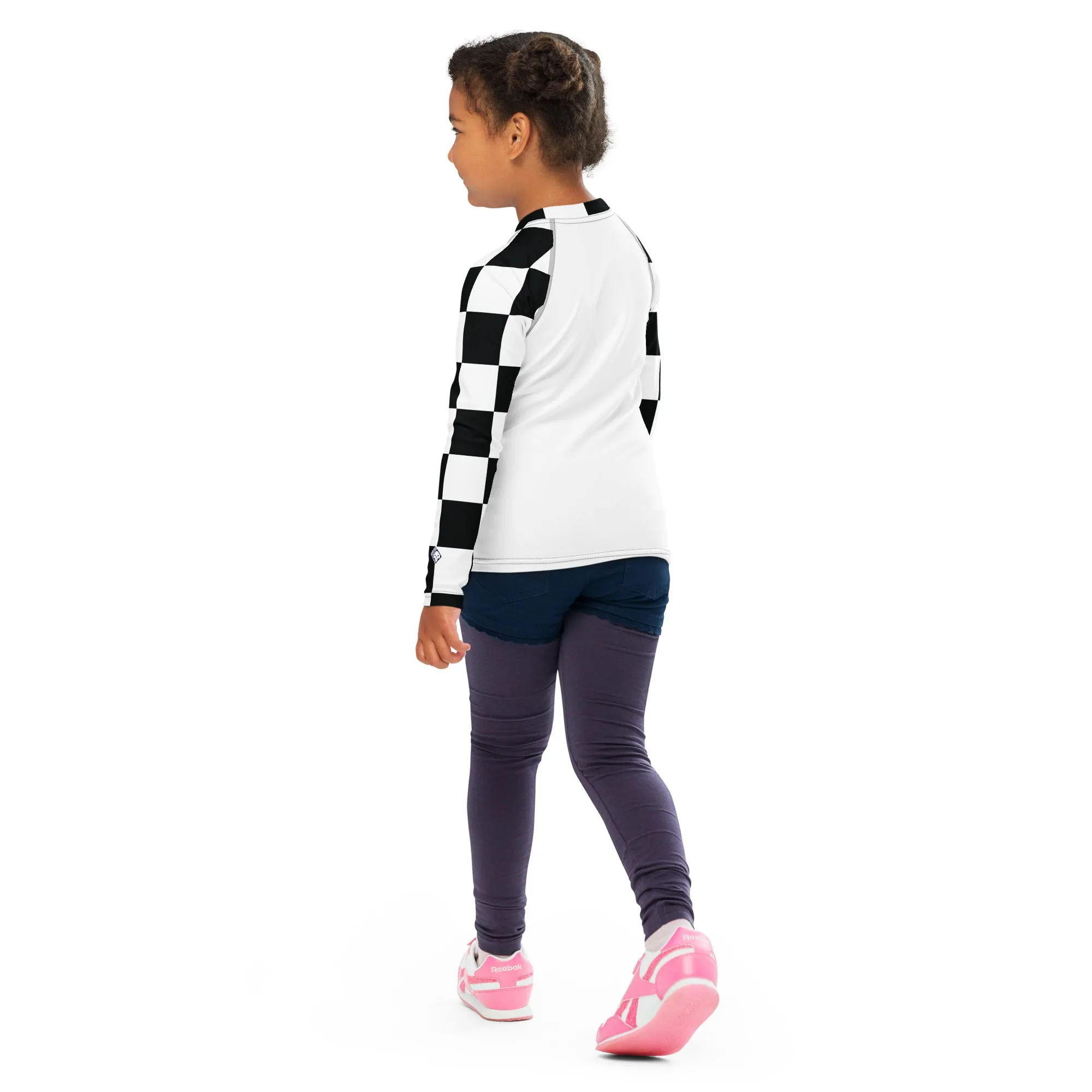 Stylish Safety: Checkered Long Sleeve Rash Guard for Girls - Blanc