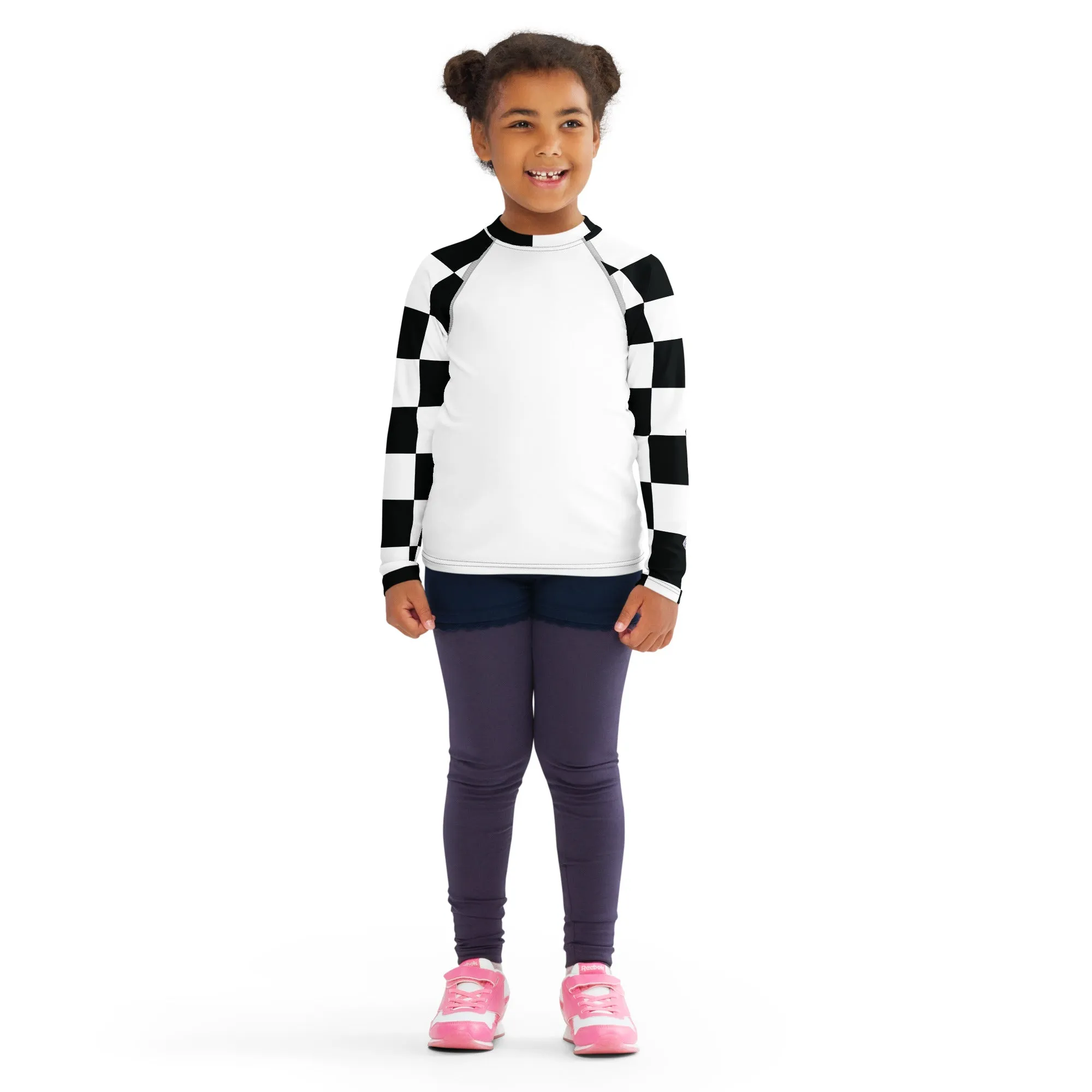 Stylish Safety: Checkered Long Sleeve Rash Guard for Girls - Blanc