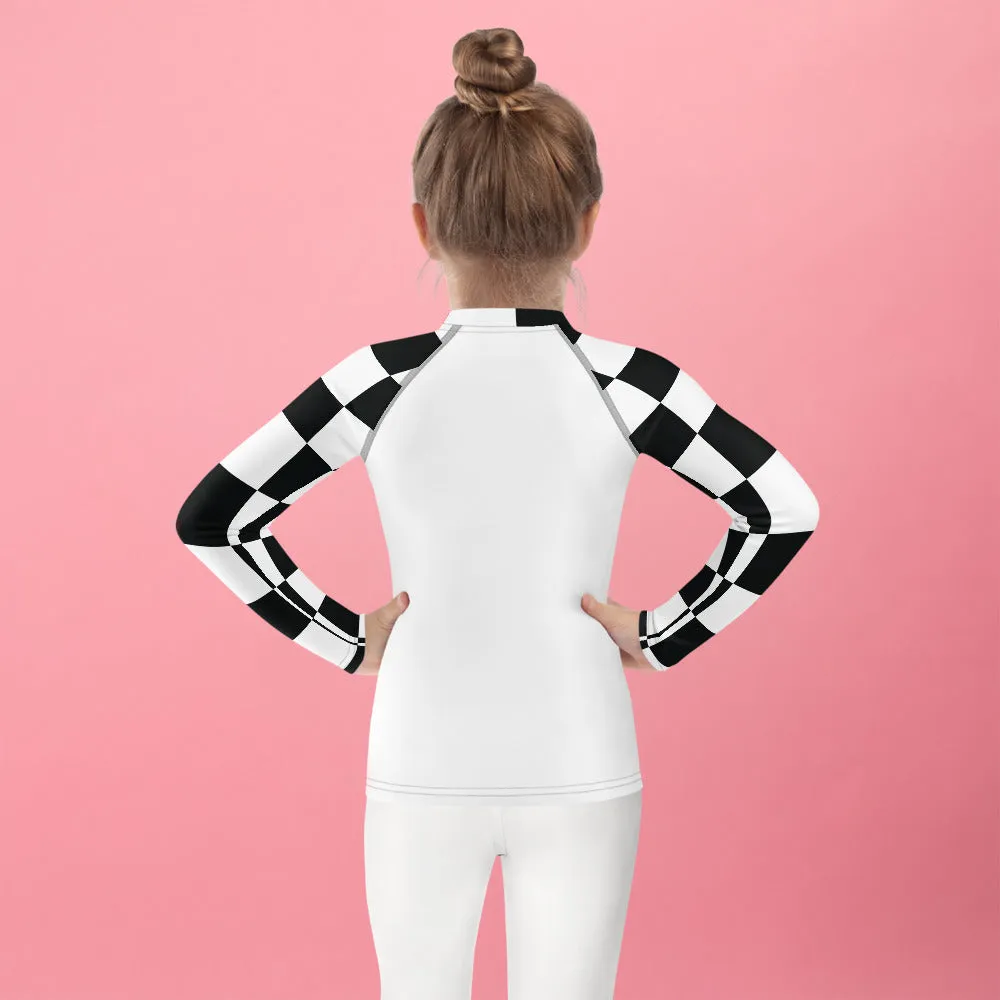 Stylish Safety: Checkered Long Sleeve Rash Guard for Girls - Blanc