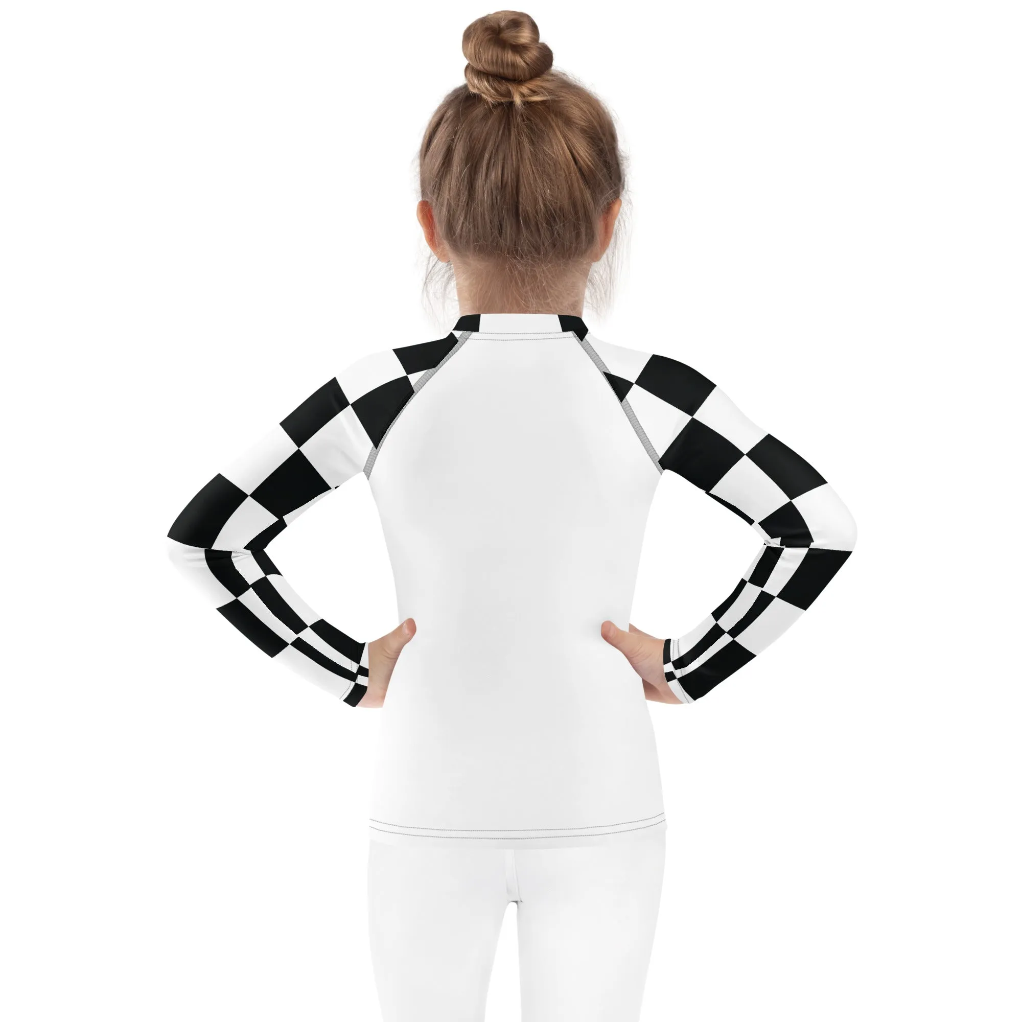 Stylish Safety: Checkered Long Sleeve Rash Guard for Girls - Blanc