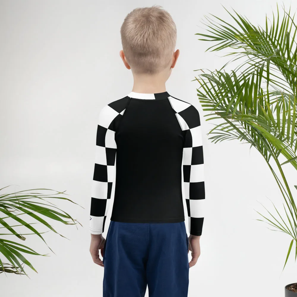 Stylish Safety: Kids Boys' Checkered Long Sleeve Rash Guard - Noir