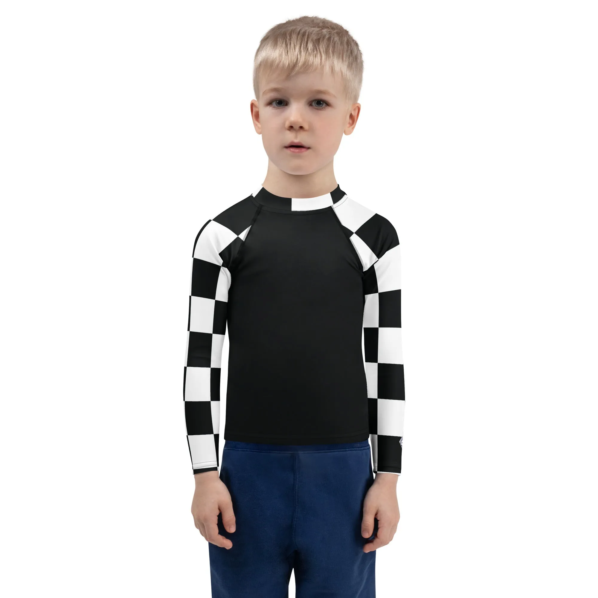 Stylish Safety: Kids Boys' Checkered Long Sleeve Rash Guard - Noir