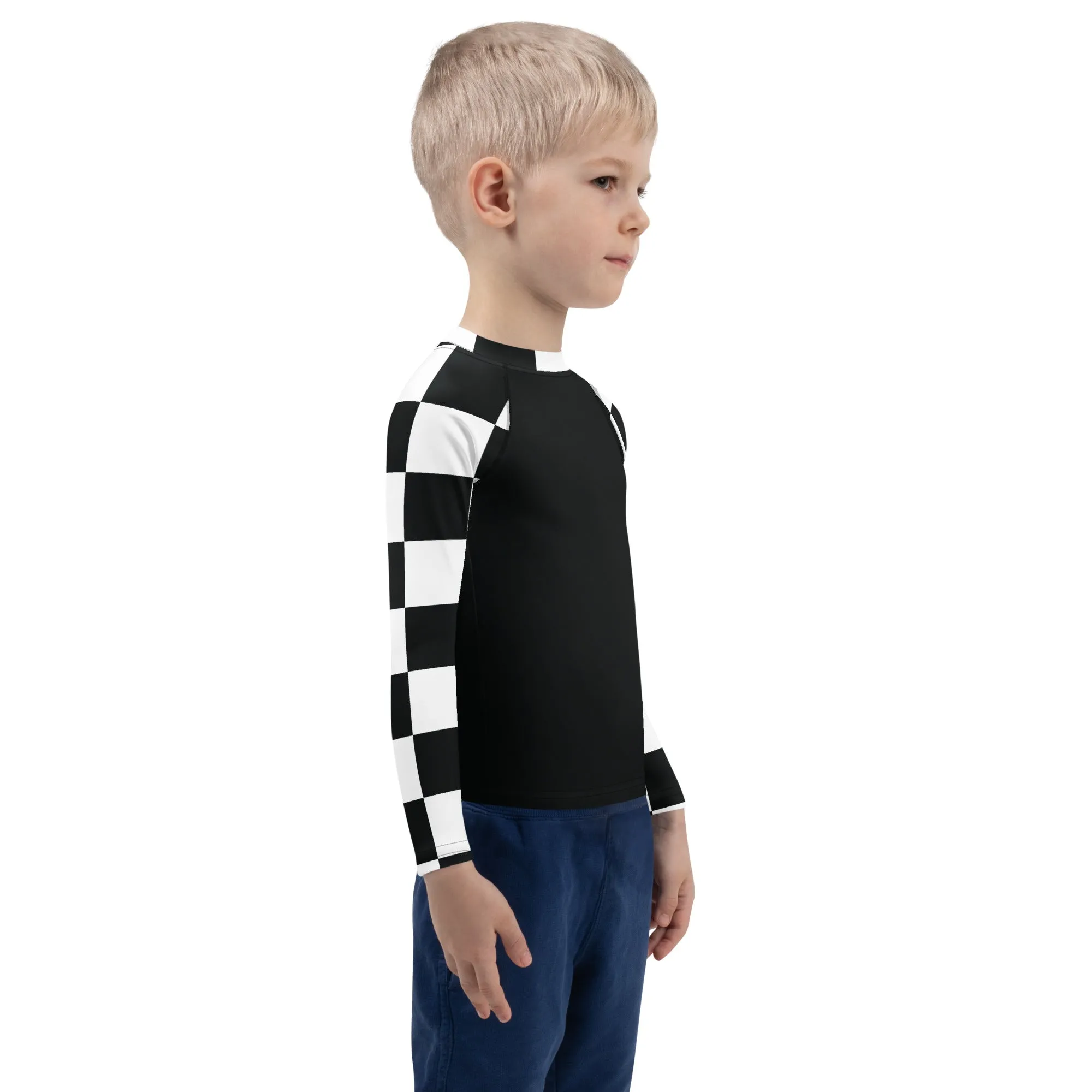 Stylish Safety: Kids Boys' Checkered Long Sleeve Rash Guard - Noir