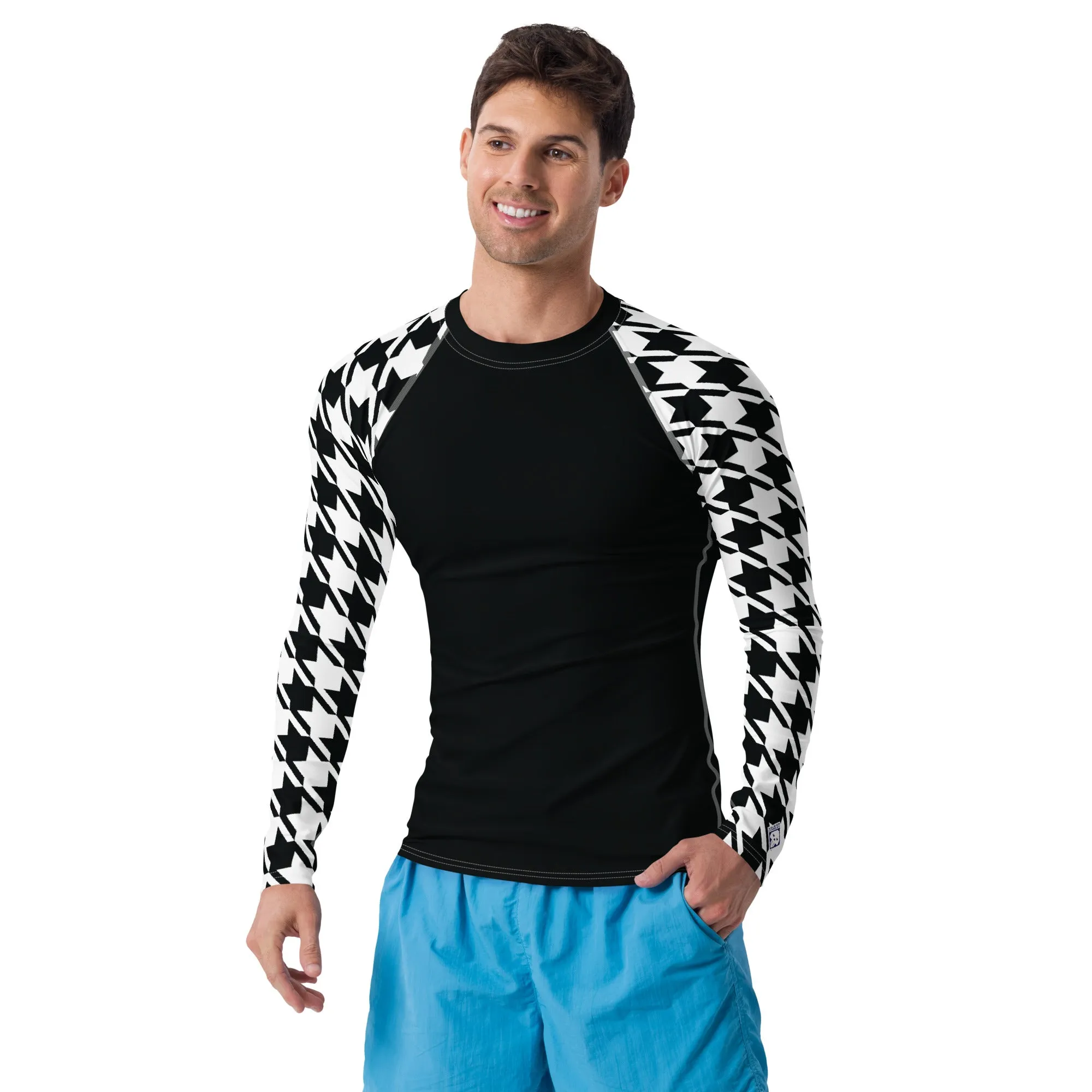 Stylish Strength: Men's Houndstooth BJJ Long Sleeve Compression Top Noir