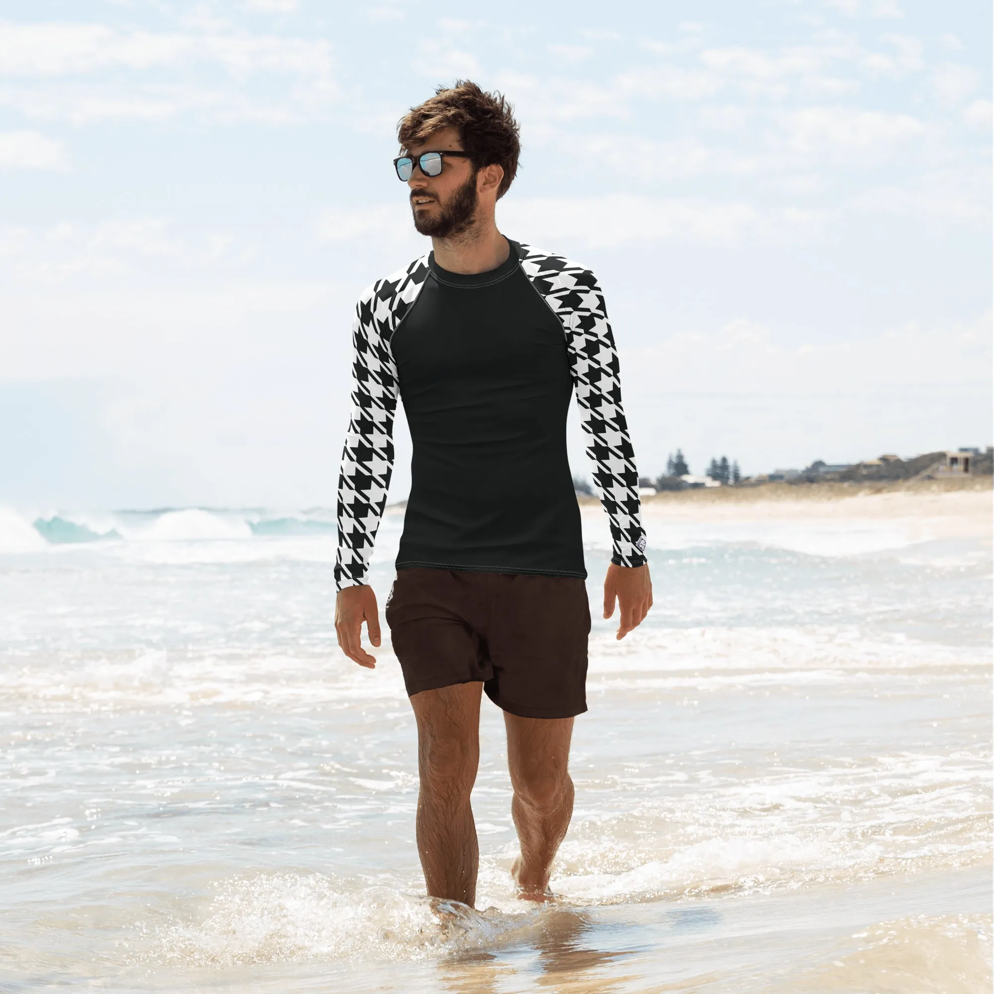 Stylish Strength: Men's Houndstooth BJJ Long Sleeve Compression Top Noir