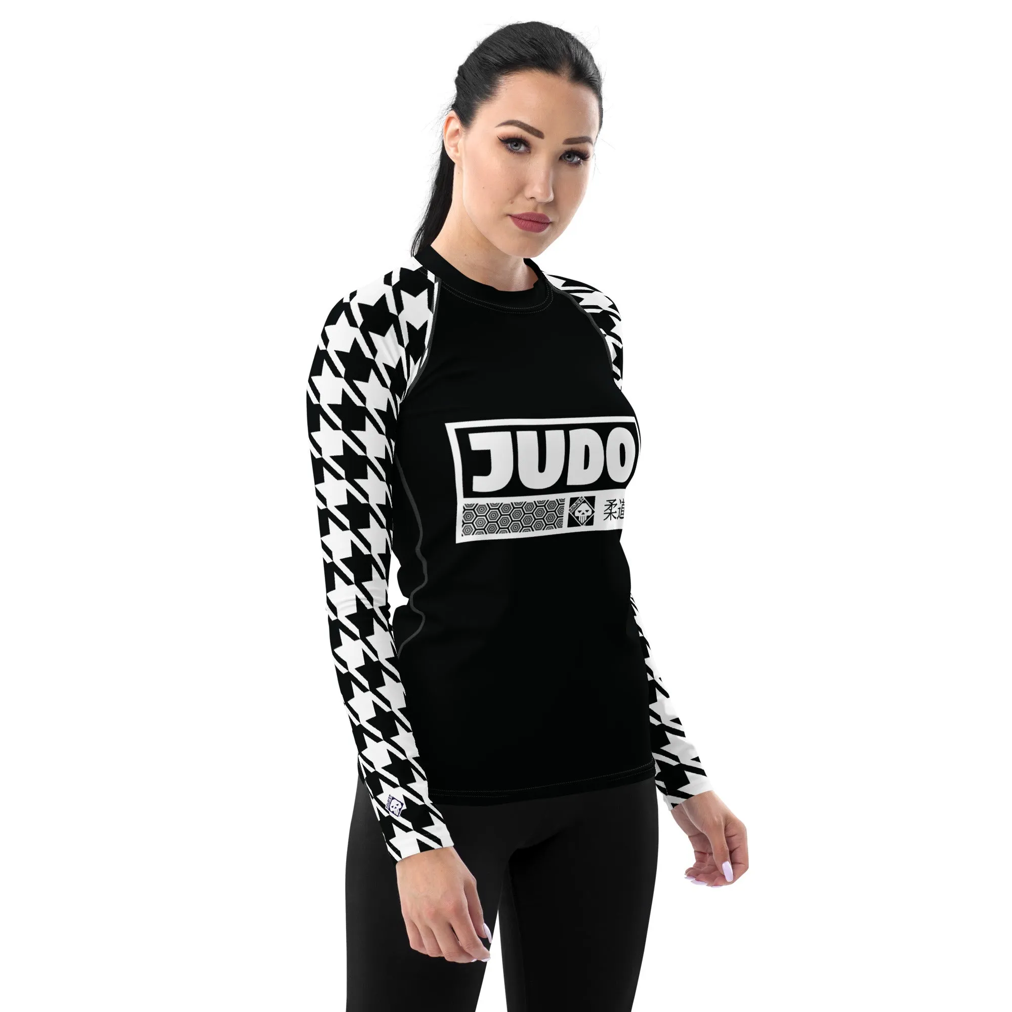 Stylish Support: Long Sleeve Judo Houndstooth BJJ Rash Guard for Women Noir