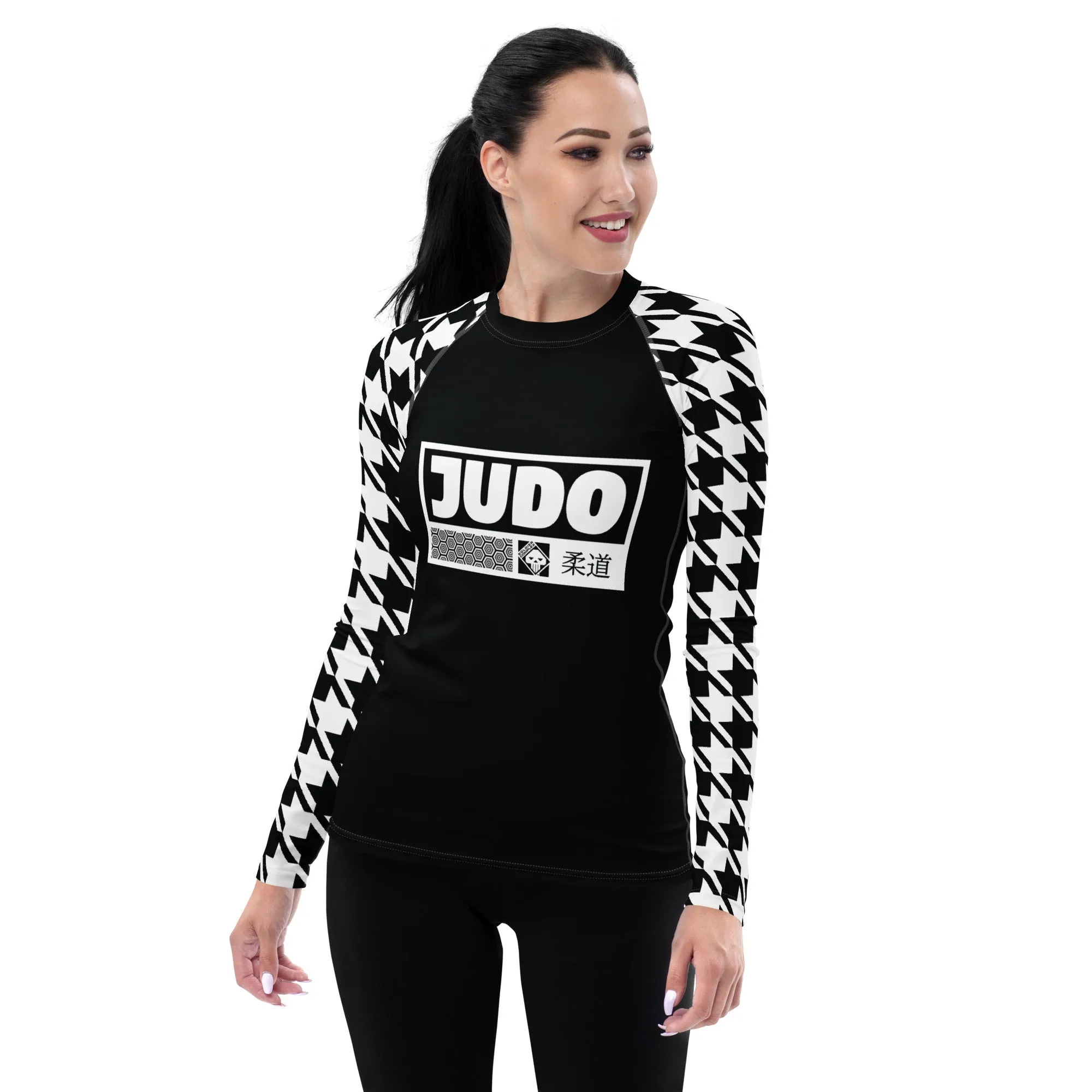 Stylish Support: Long Sleeve Judo Houndstooth BJJ Rash Guard for Women Noir