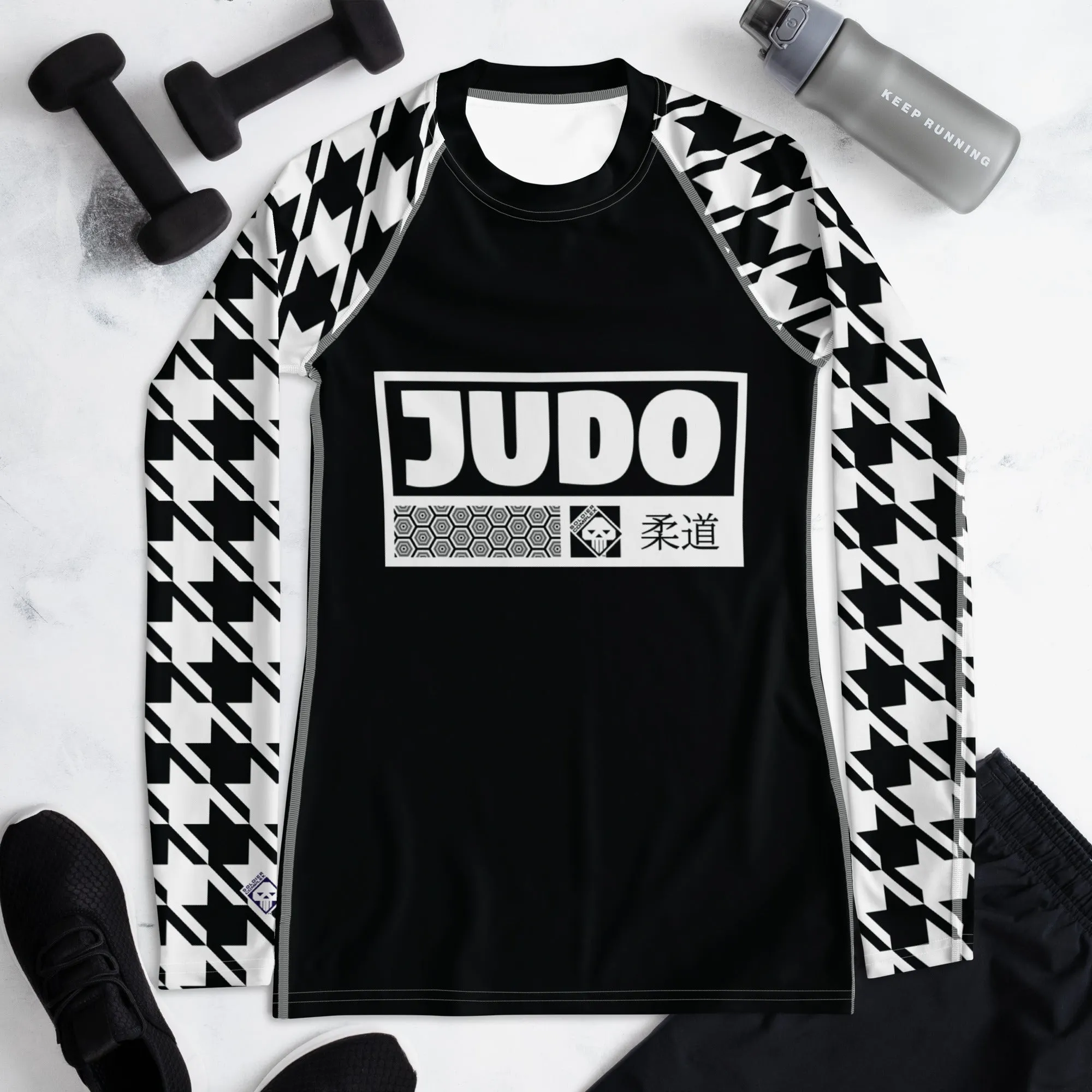 Stylish Support: Long Sleeve Judo Houndstooth BJJ Rash Guard for Women Noir