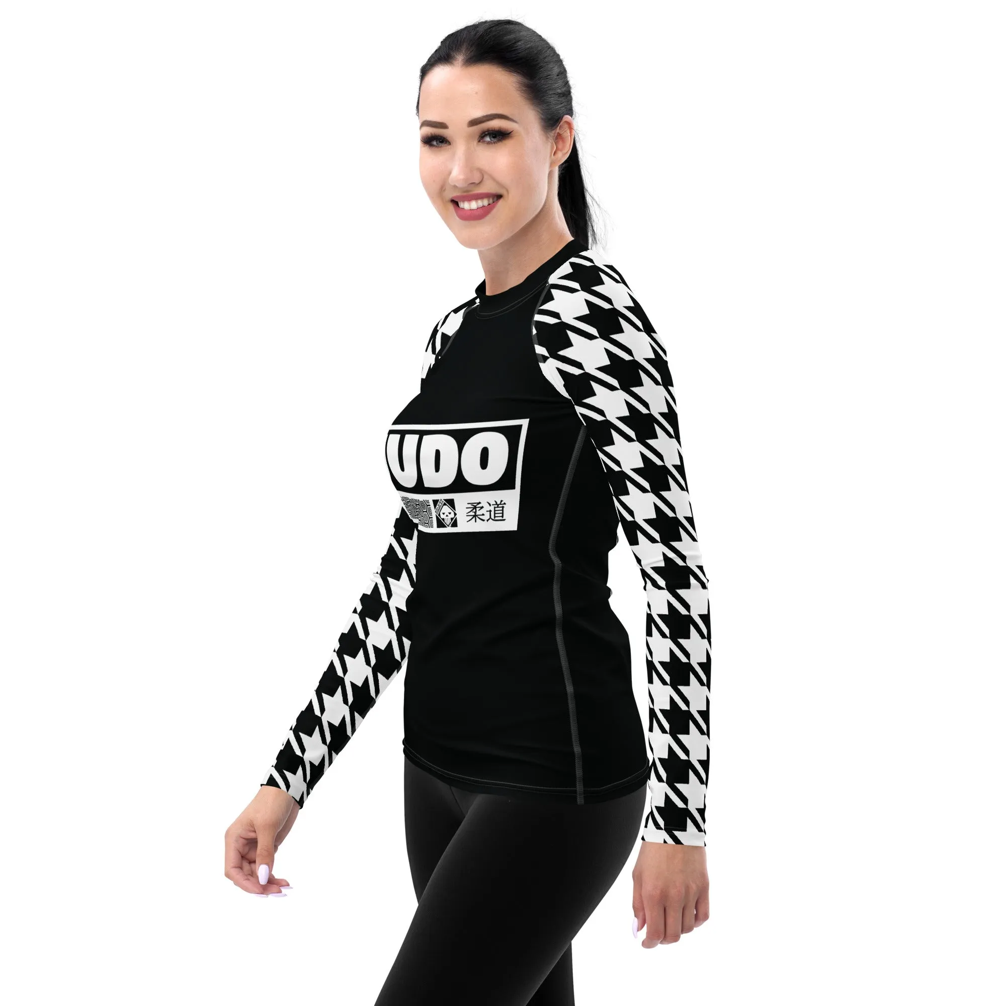 Stylish Support: Long Sleeve Judo Houndstooth BJJ Rash Guard for Women Noir