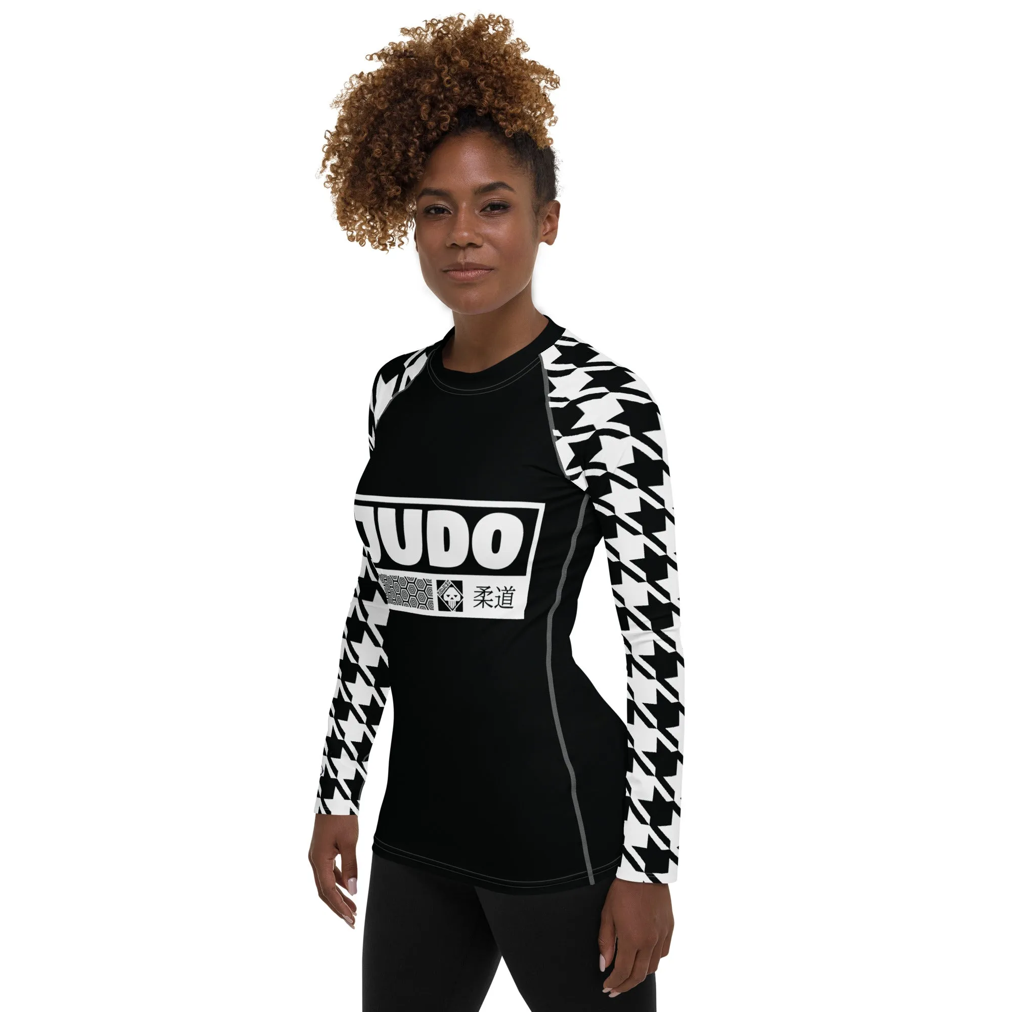 Stylish Support: Long Sleeve Judo Houndstooth BJJ Rash Guard for Women Noir