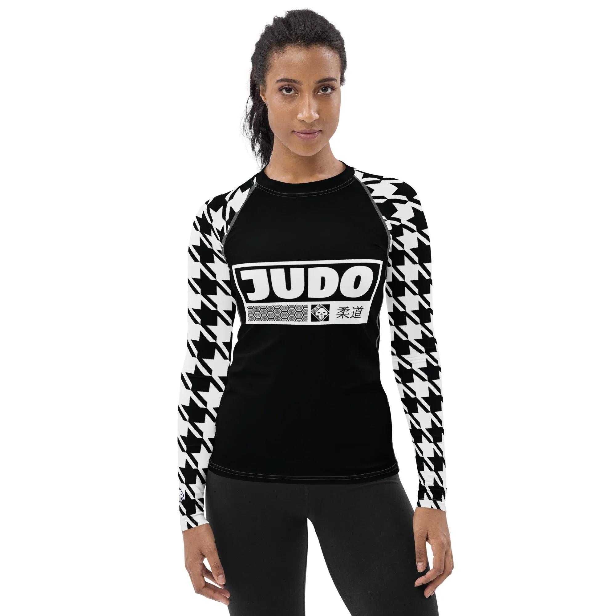 Stylish Support: Long Sleeve Judo Houndstooth BJJ Rash Guard for Women Noir