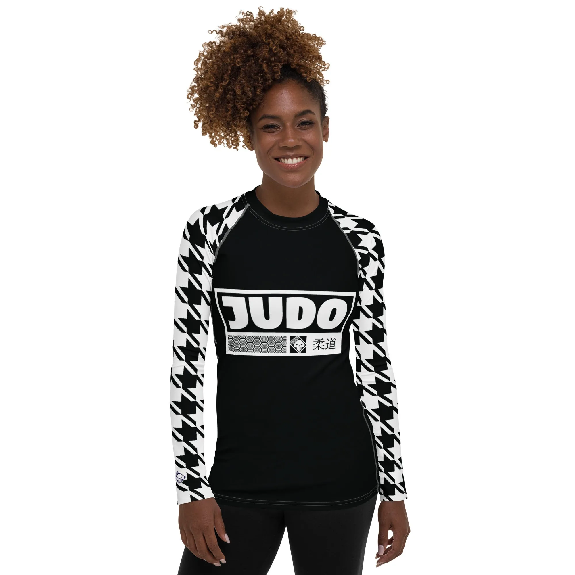 Stylish Support: Long Sleeve Judo Houndstooth BJJ Rash Guard for Women Noir