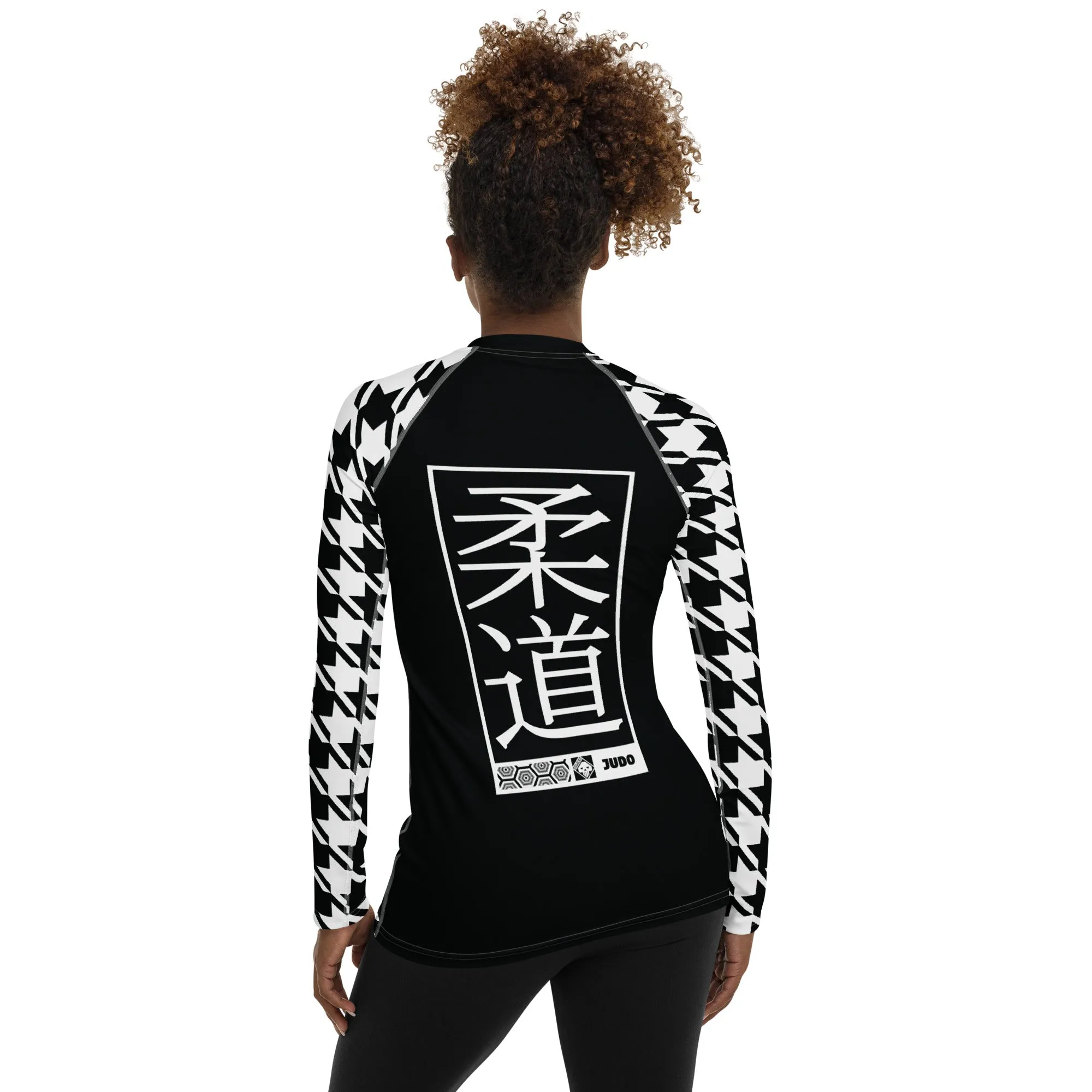 Stylish Support: Long Sleeve Judo Houndstooth BJJ Rash Guard for Women Noir