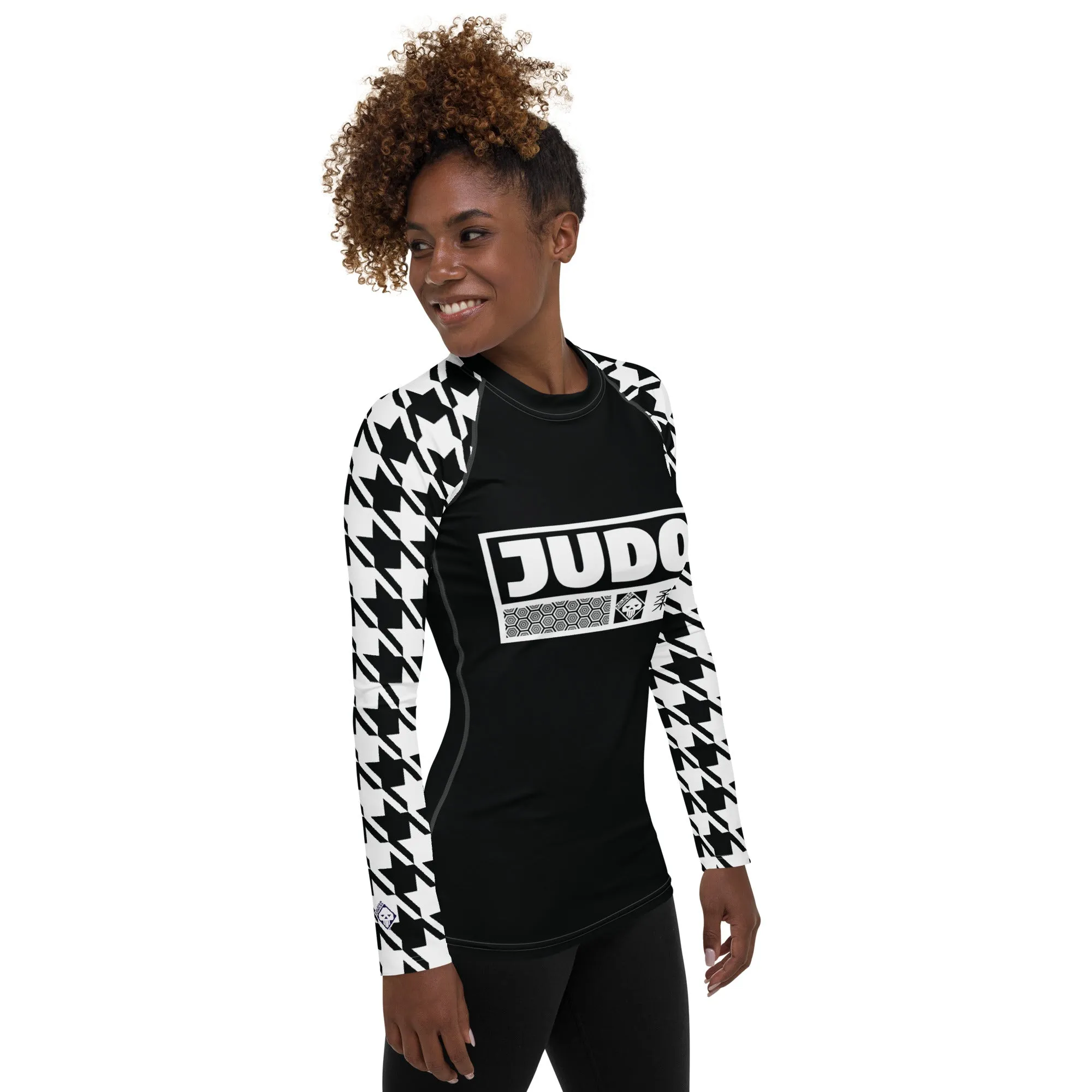 Stylish Support: Long Sleeve Judo Houndstooth BJJ Rash Guard for Women Noir