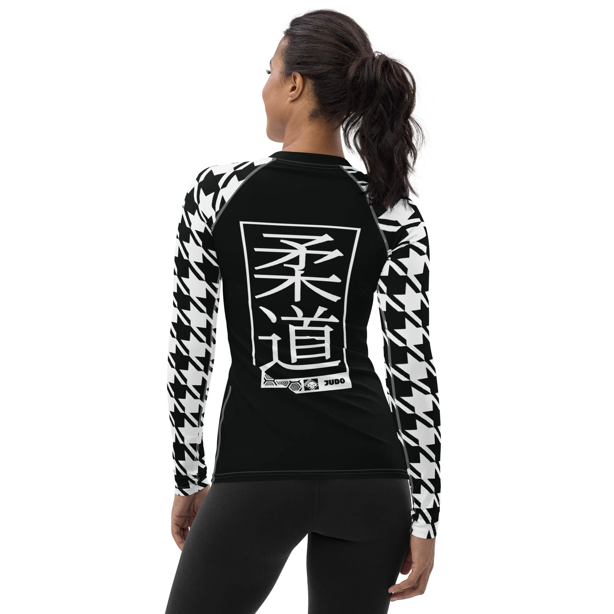 Stylish Support: Long Sleeve Judo Houndstooth BJJ Rash Guard for Women Noir