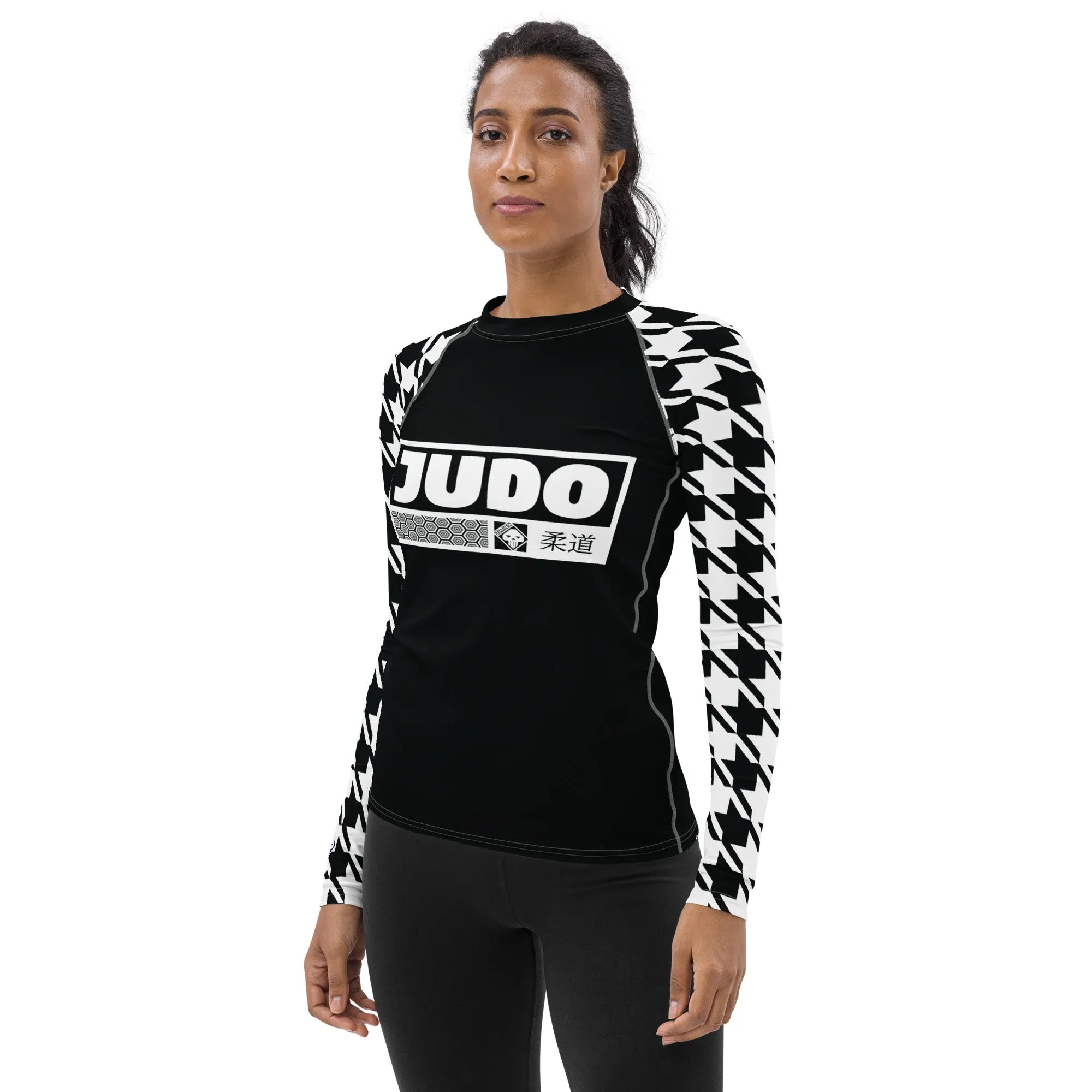 Stylish Support: Long Sleeve Judo Houndstooth BJJ Rash Guard for Women Noir