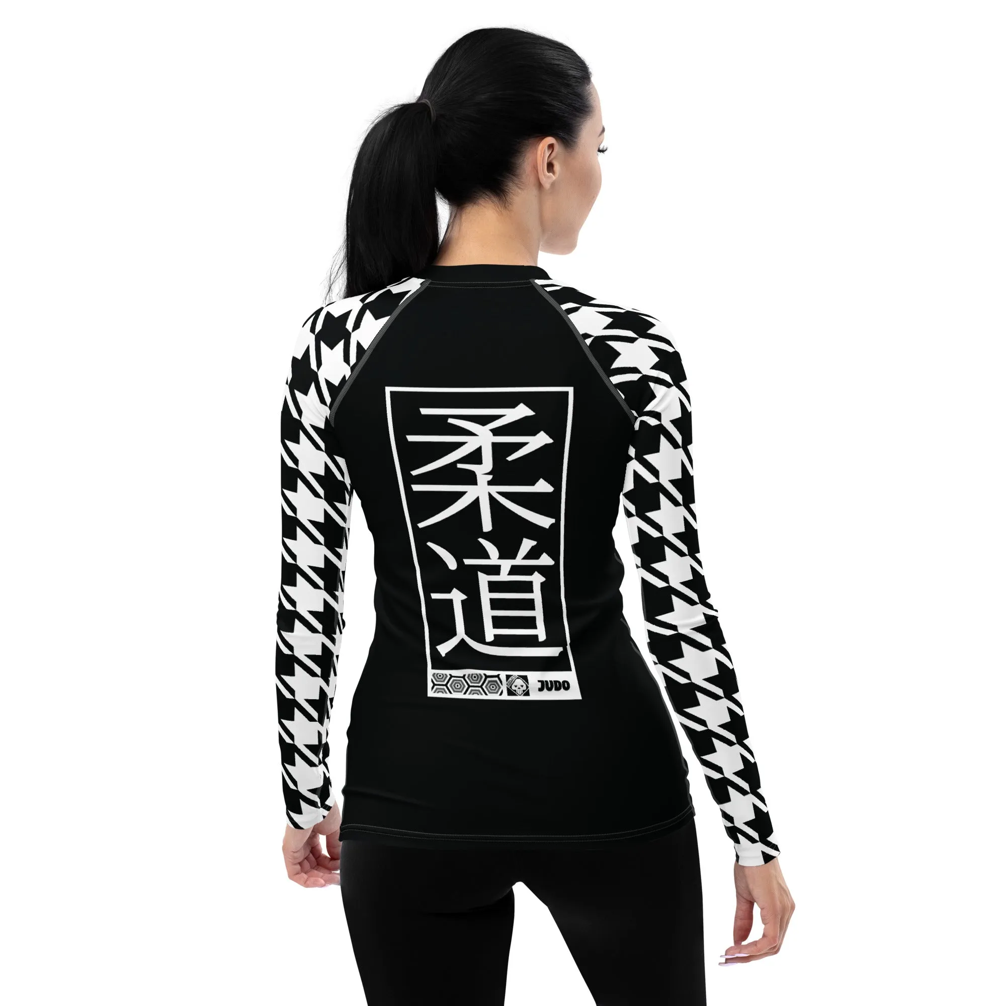 Stylish Support: Long Sleeve Judo Houndstooth BJJ Rash Guard for Women Noir