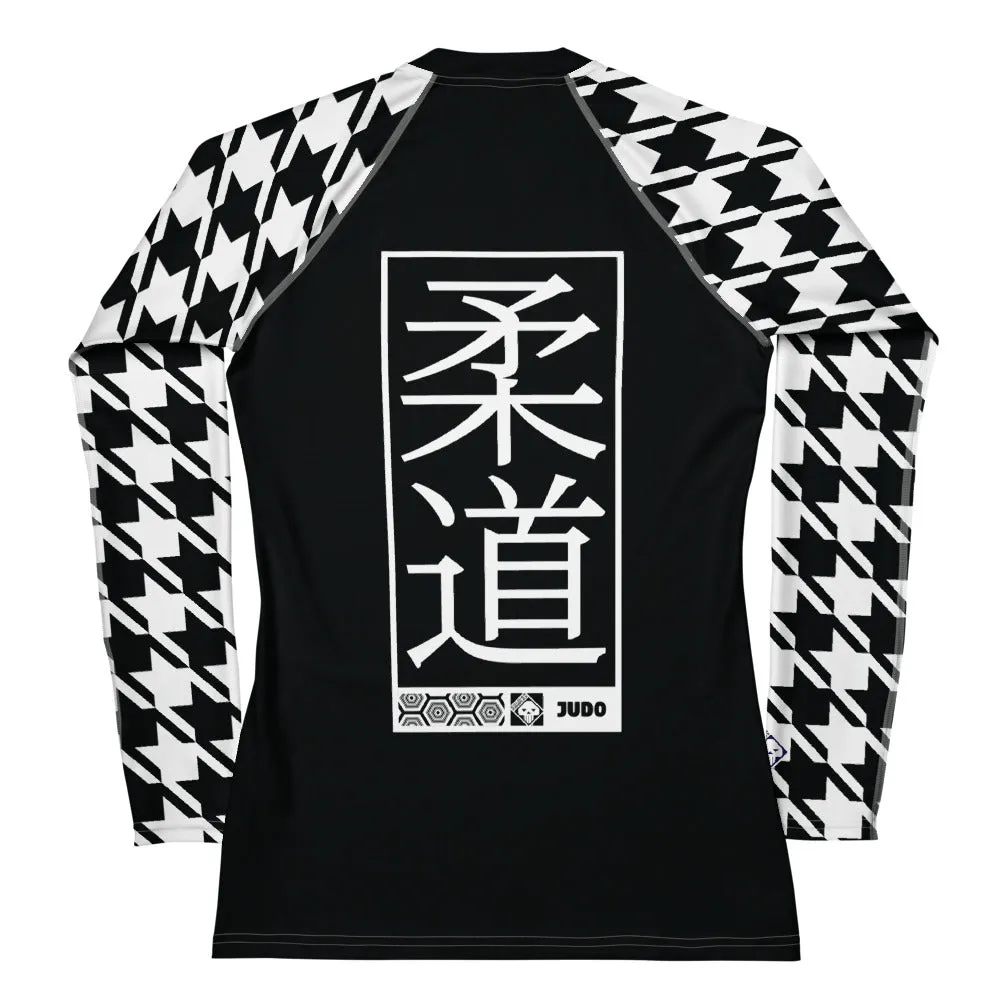 Stylish Support: Long Sleeve Judo Houndstooth BJJ Rash Guard for Women Noir