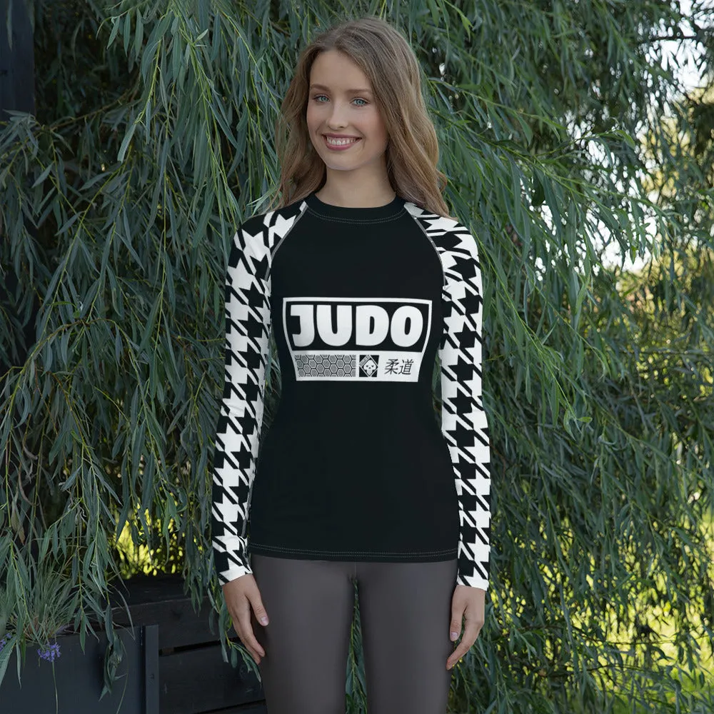 Stylish Support: Long Sleeve Judo Houndstooth BJJ Rash Guard for Women Noir