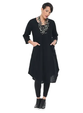 Tulip Linen Black Dress - Long Tunic Lagenlook Boho Resort Sml-2x