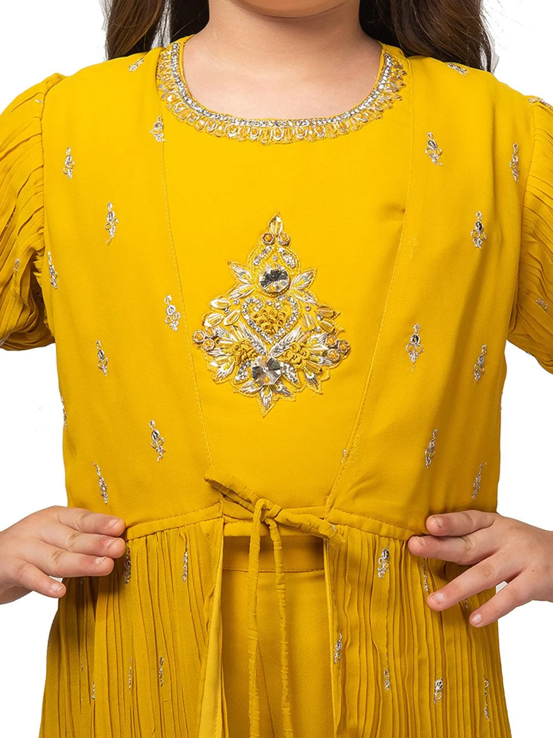 Yellow Embroidered Top with Embroidery Design, Paired with Solid Palazzos and a Stylish Jacket For Girls