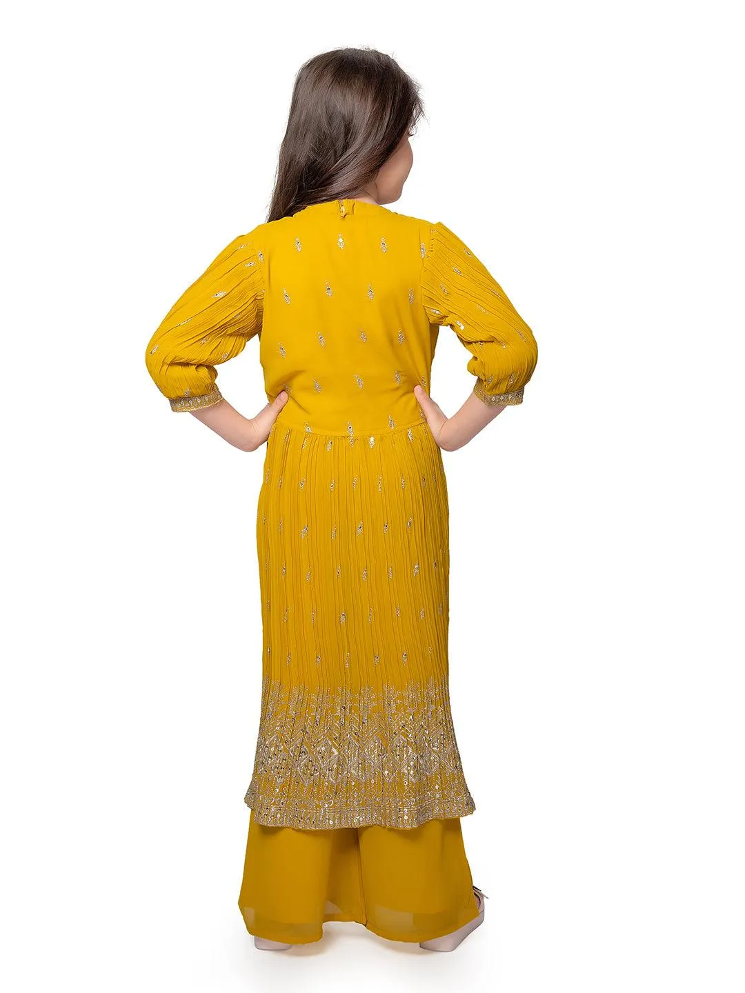 Yellow Embroidered Top with Embroidery Design, Paired with Solid Palazzos and a Stylish Jacket For Girls