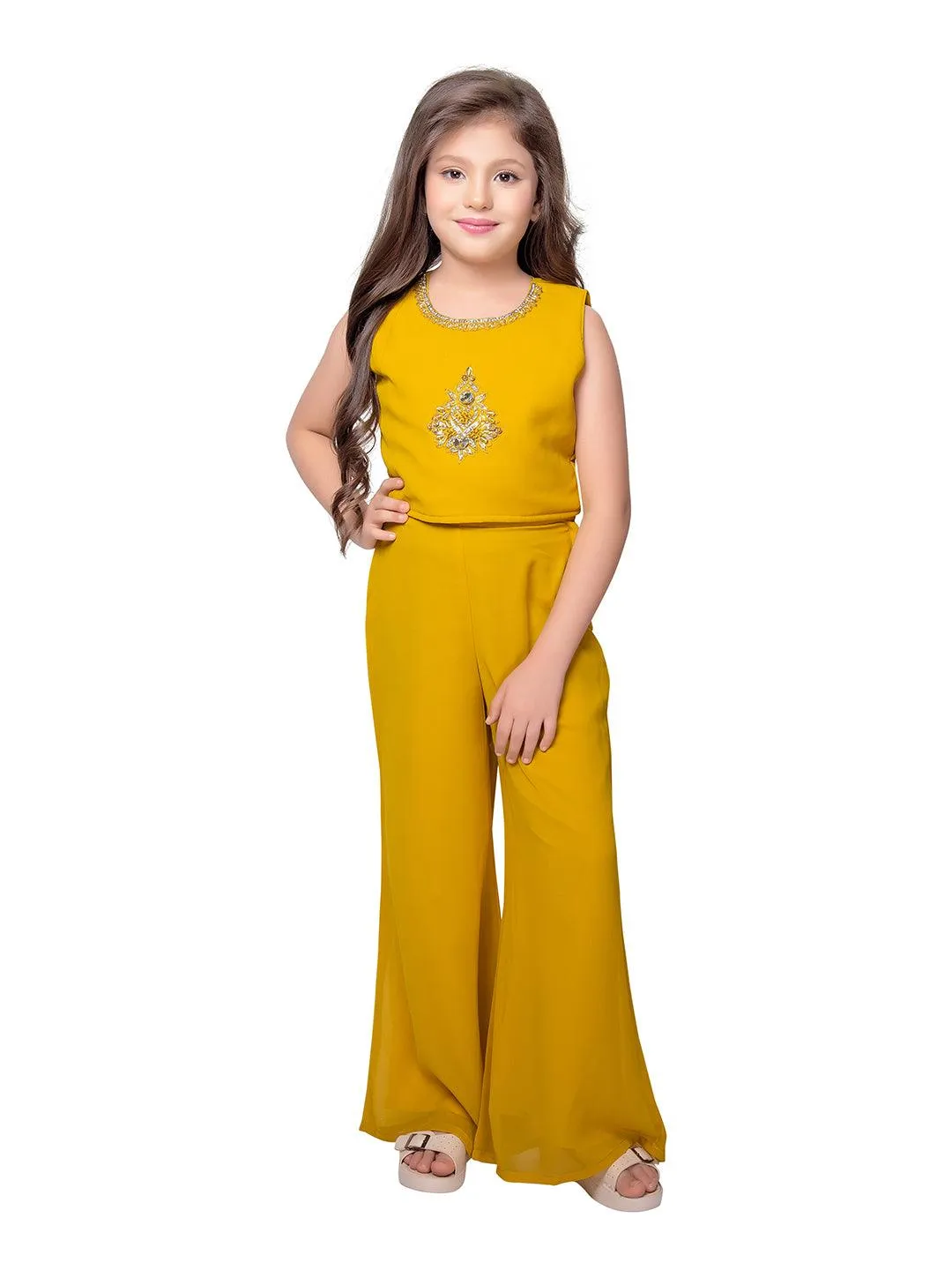 Yellow Embroidered Top with Embroidery Design, Paired with Solid Palazzos and a Stylish Jacket For Girls