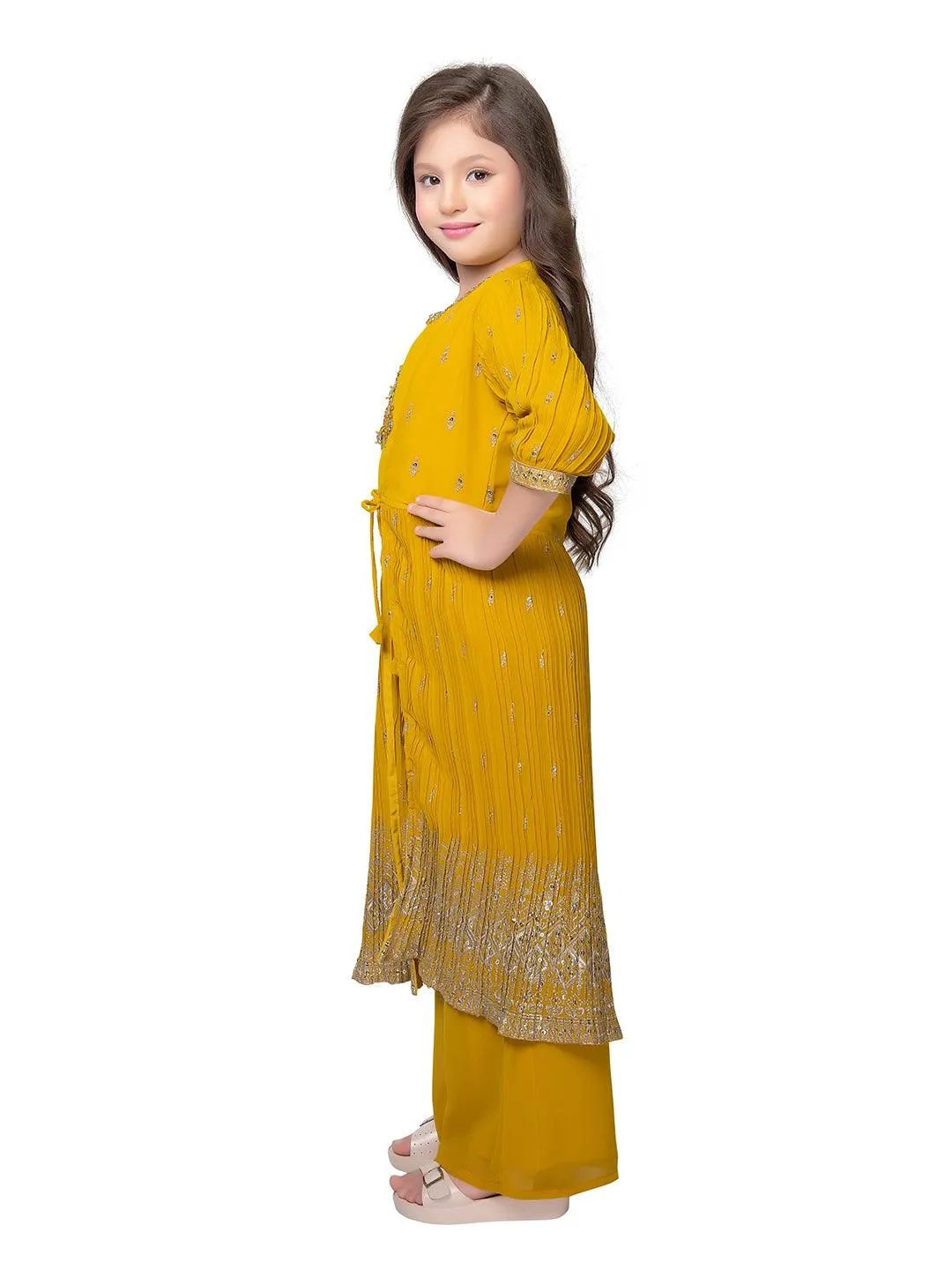 Yellow Embroidered Top with Embroidery Design, Paired with Solid Palazzos and a Stylish Jacket For Girls