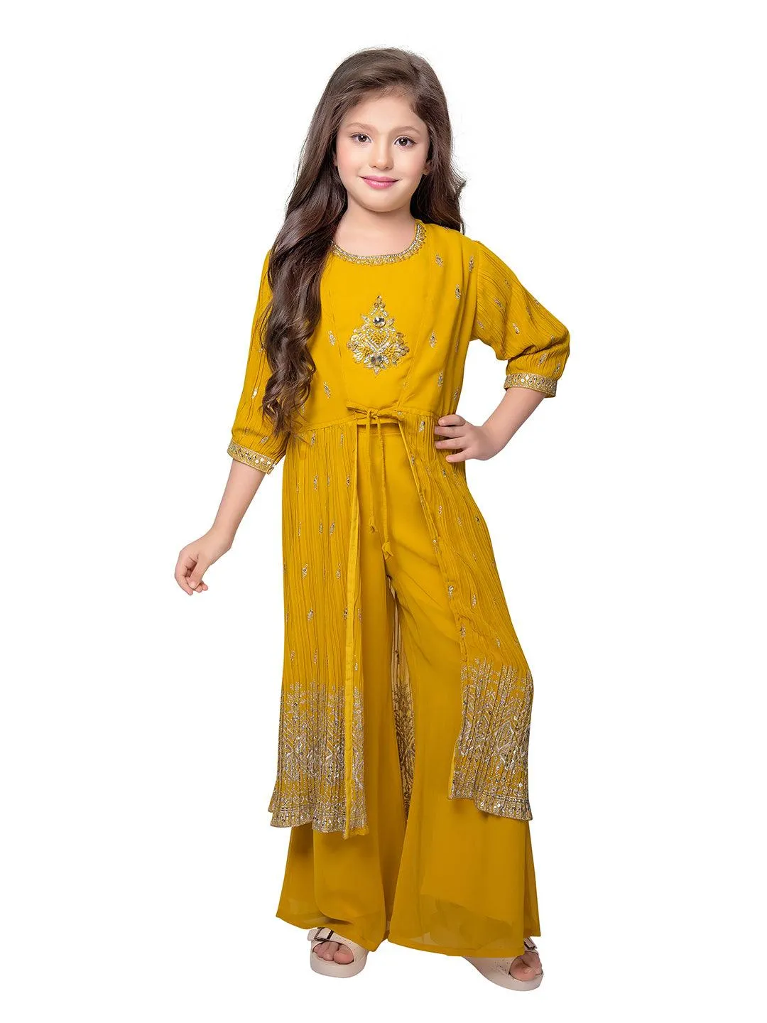 Yellow Embroidered Top with Embroidery Design, Paired with Solid Palazzos and a Stylish Jacket For Girls