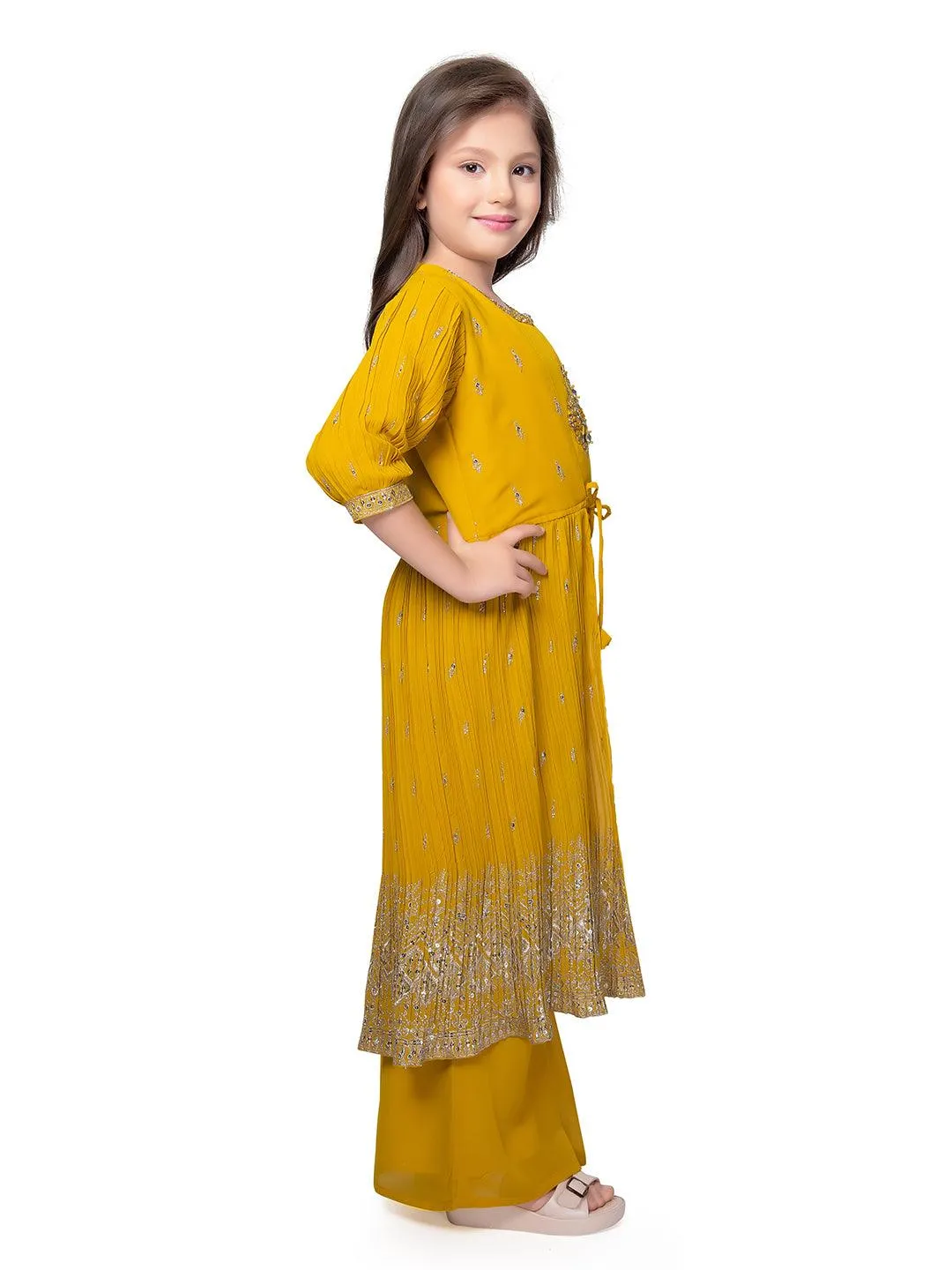 Yellow Embroidered Top with Embroidery Design, Paired with Solid Palazzos and a Stylish Jacket For Girls